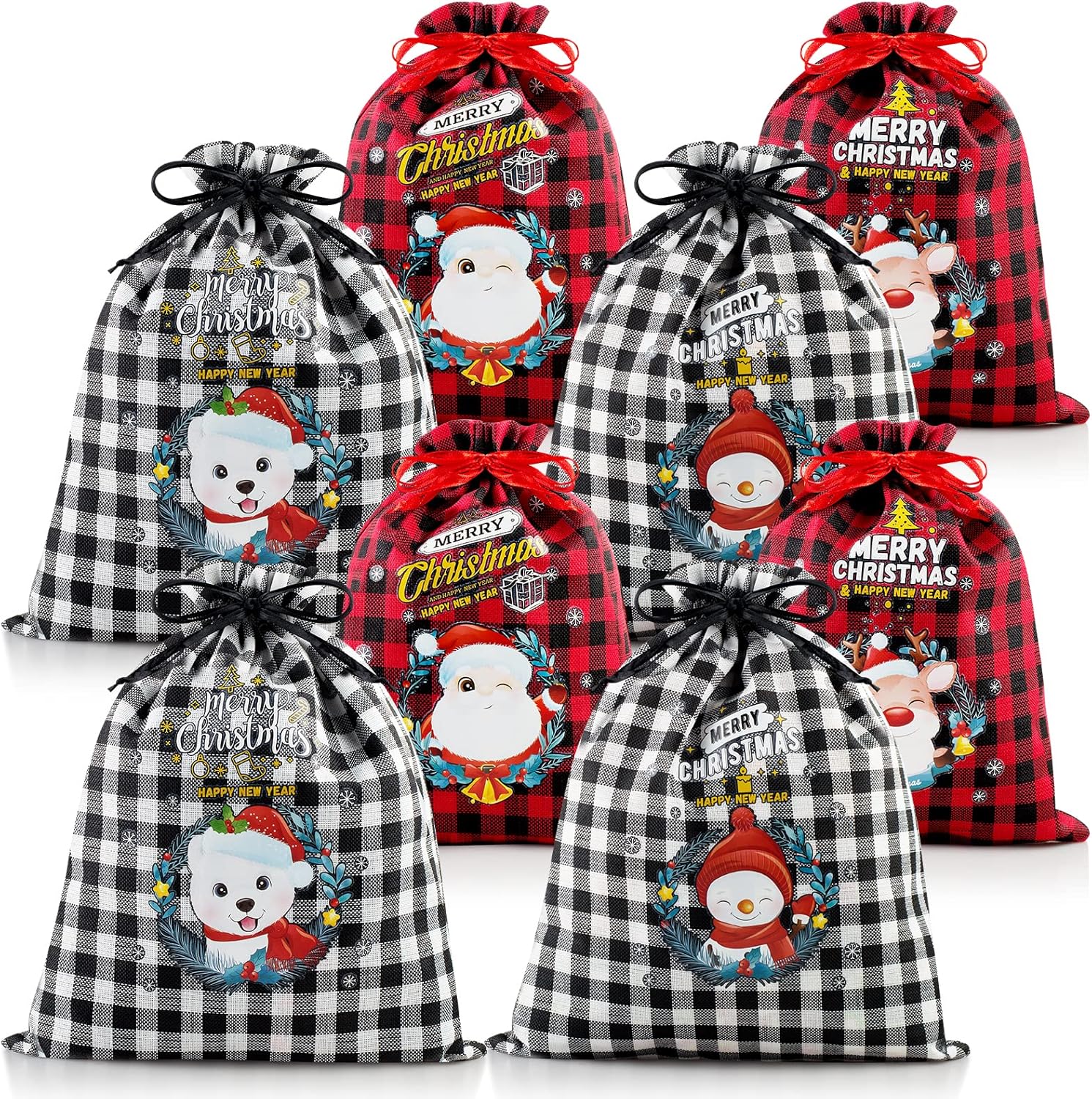 Paquete de 8 bolsas de regalo de varios tamaños, a cuadros de búfalo y patrones de Navidad, bolsas de regalo con cordones de Navidad, bolsas de