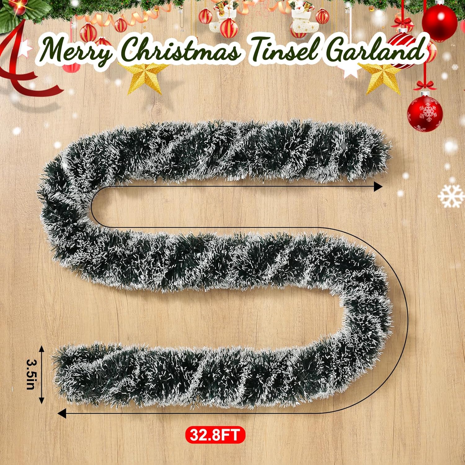 Guirnalda de oropel de Navidad de 32.8 pies, guirnalda metálica colgante verde negruzco con borde blanco para decoración de árbol de Navidad,