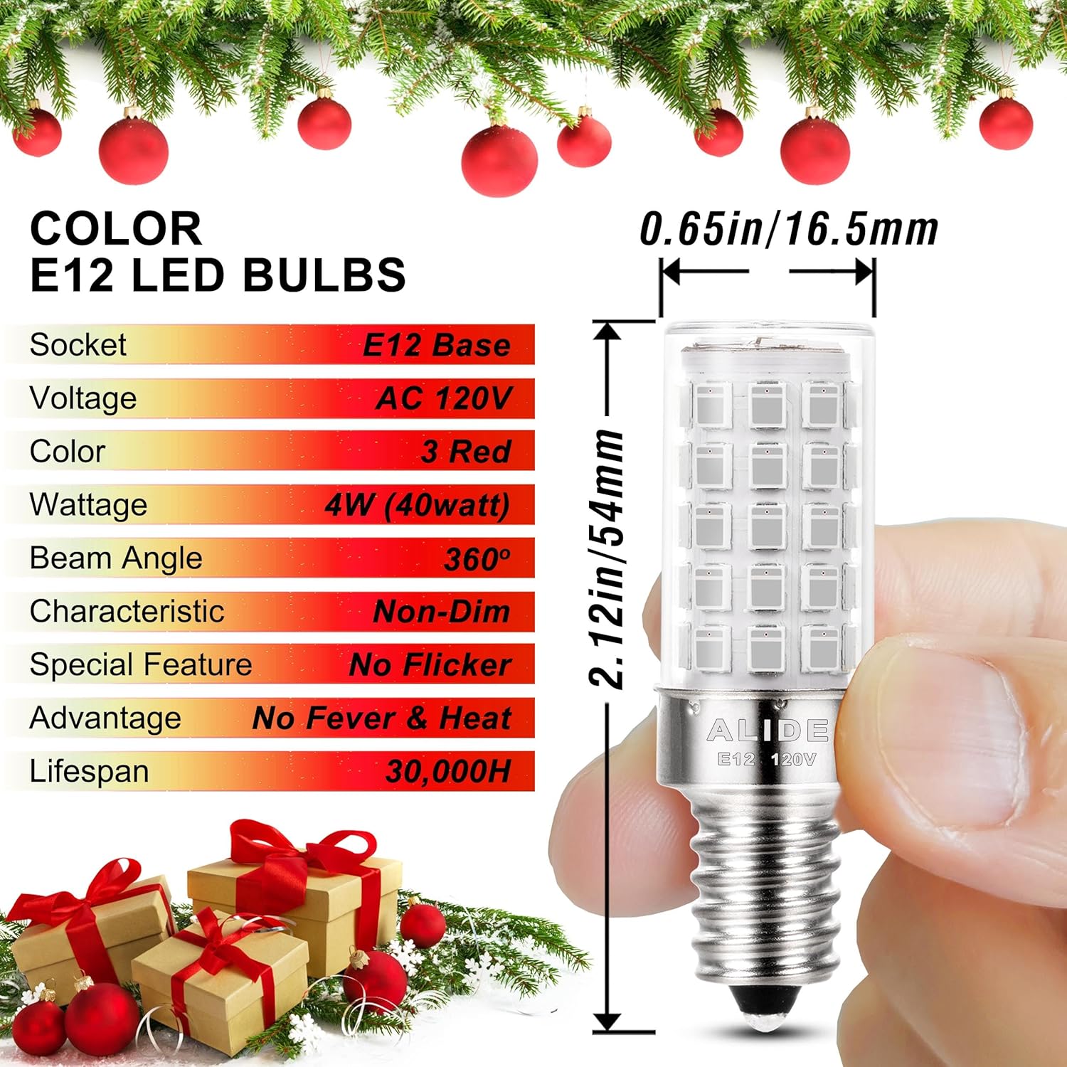 ALIDE Bombilla LED E12 de luz roja, 4 W (equivalente a 40 vatios), base pequeña E12 C7 T6, bombilla LED roja para Navidad, festividades, festivales,
