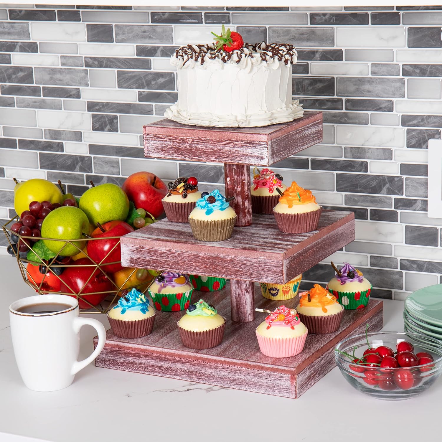 Mind Reader Soporte para cupcakes, bandeja escalonada, exhibición de mesa de postre, torre de cocina, madera, 11.75 pulgadas de largo x 11.75