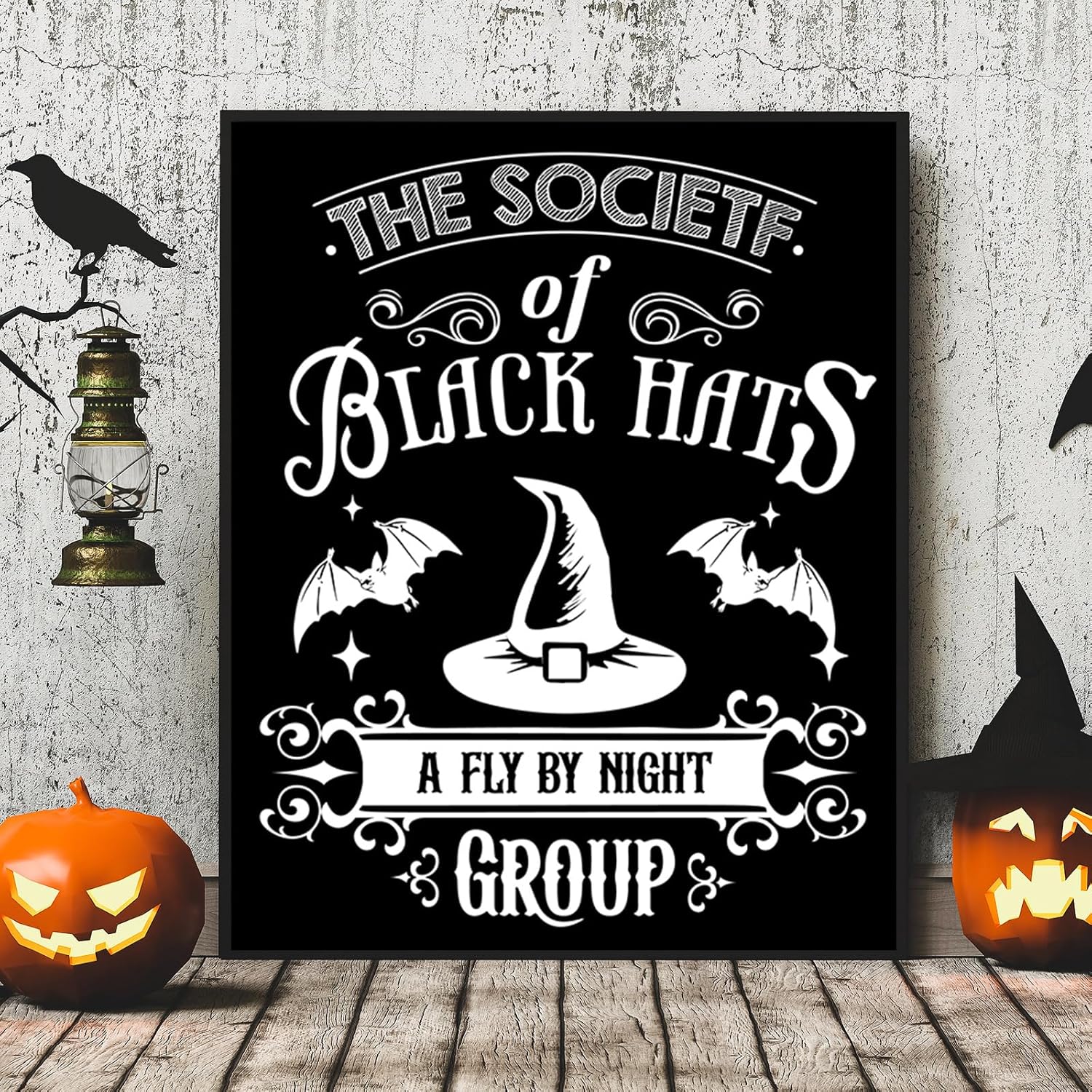 AnyDesign – 9 piezas de arte de pared de bruja de Halloween, diseño de esqueleto de gato blanco y negro, diseño de arte de palabra, decoración de