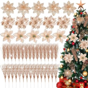 Tigeen 45 flores de Pascua con purpurina de 5.3 pulgadas, púas de bayas artificiales de 17 pulgadas, adorno para árbol de Navidad, flores Tigeen 45 flores de Pascua con purpurina de 5.3 pulgadas, púas de bayas artificiales de 17 pulgadas, adorno para árbol de Navidad, flores