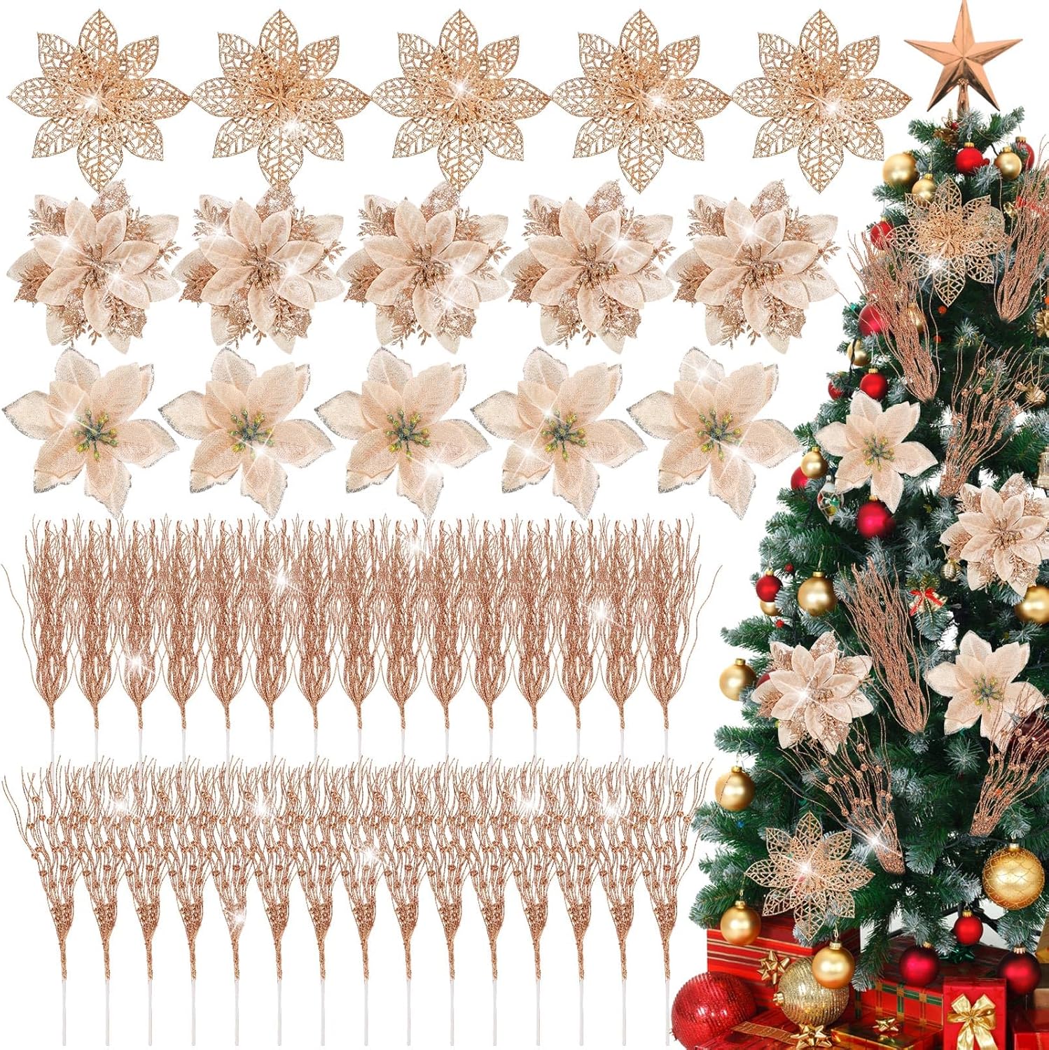 45 flores de Pascua con purpurina de 5.3 pulgadas, púas de bayas artificiales de 17 pulgadas, adorno para árbol de Navidad, flores artificiales de