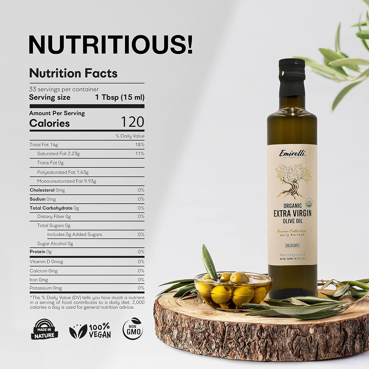 Emirelli Aceite de oliva virgen extra orgánico, certificado por USDA, rico en polifenoles, primer prensado en frío, cosecha temprana, sabor suave,