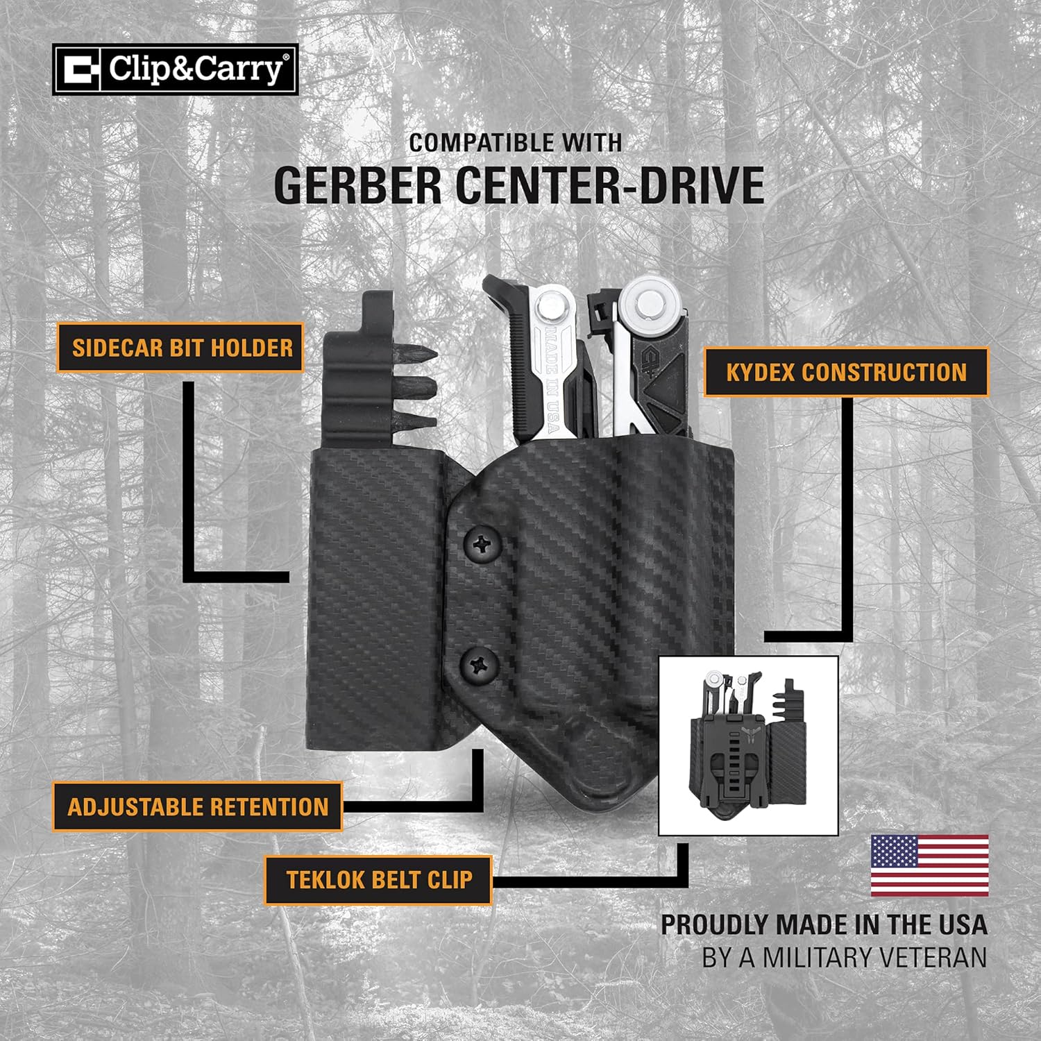 Clip & Carry Kydex Funda multiherramienta para Gerber Center-Drive con soporte de sidecar opcional  Fabricado en Estados Unidos (multiherramienta y