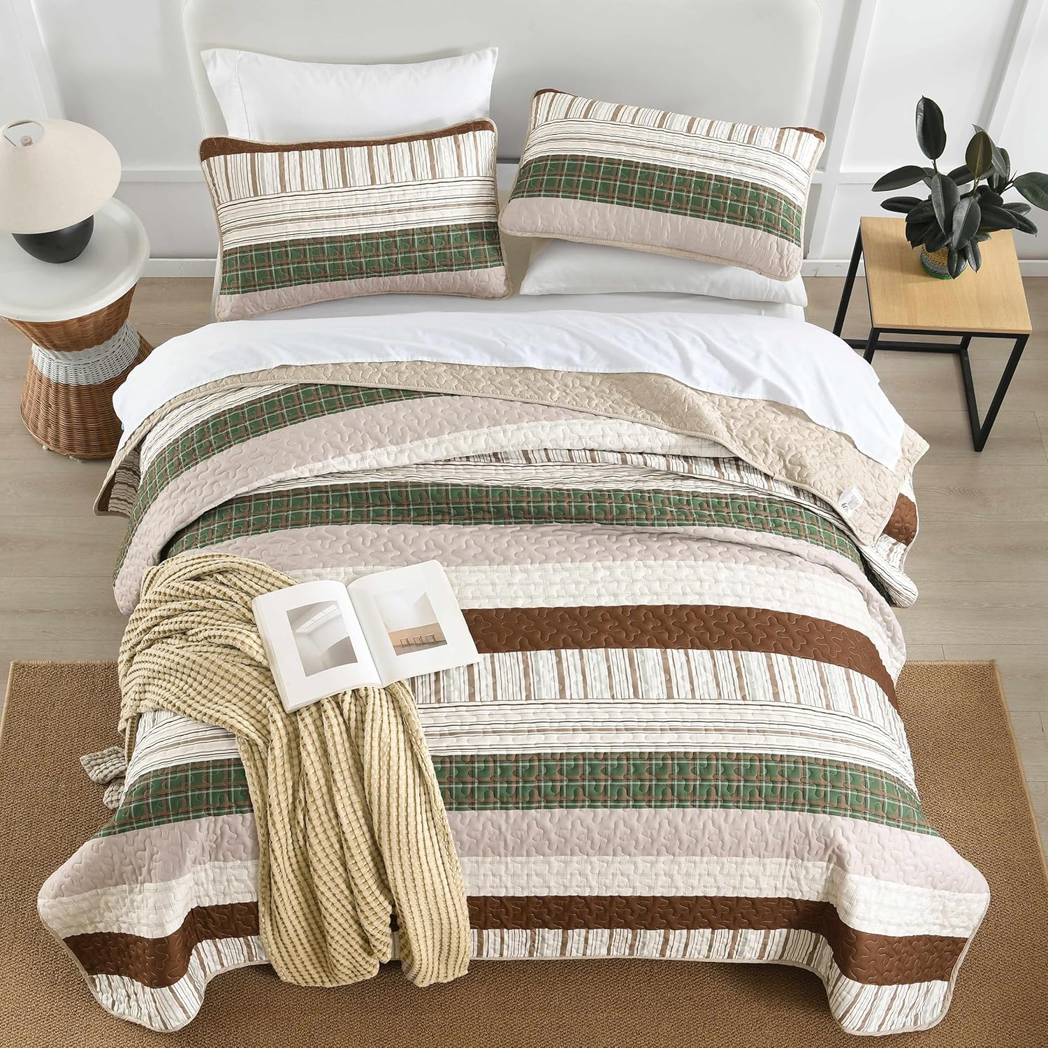 DJY Juego de edredón a rayas tamaño Queen, juego de edredón bohemio a rayas marrones y verdes, juego de ropa de cama de microfibra suave, 3 piezas