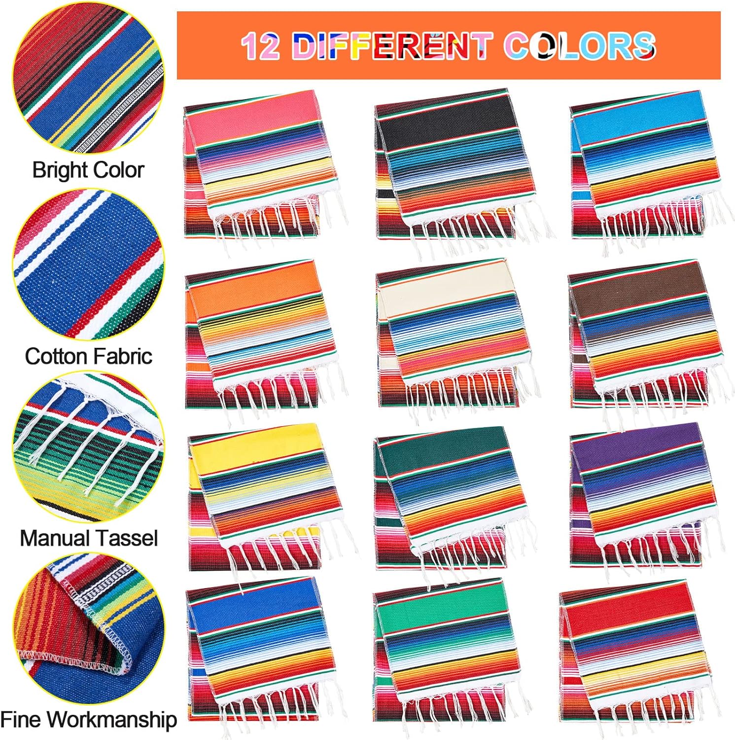 Juego de 24 caminos de mesa mexicanos y manteles blancos de 14 x 108 pulgadas, camino de mesa de serape a rayas de color arcoíris de 54 x 108