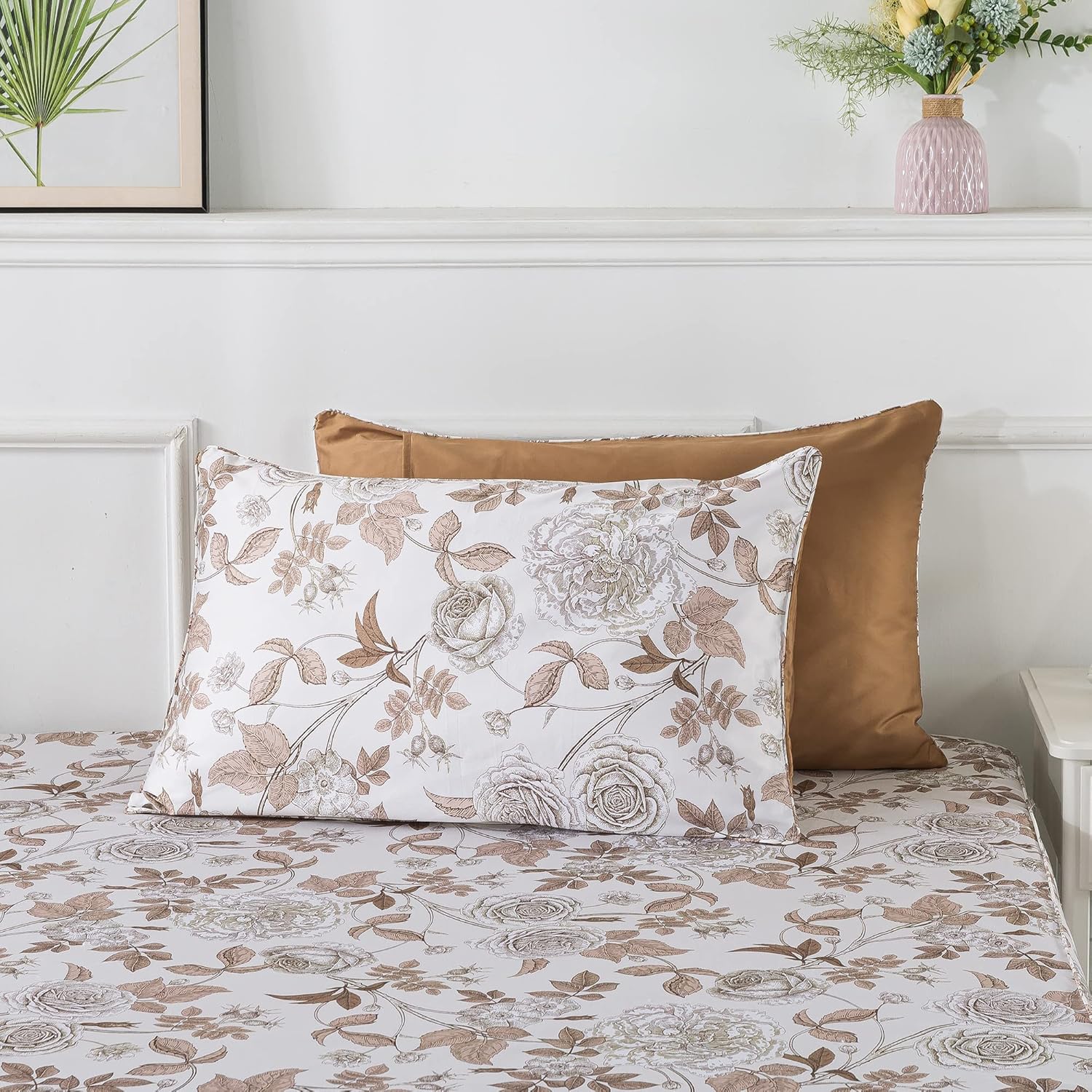 FADFAY Juego de funda de edredón de rosa desgastada, tamaño individual XL, ropa de cama floral vintage blanca y marrón, elegante juego de funda de