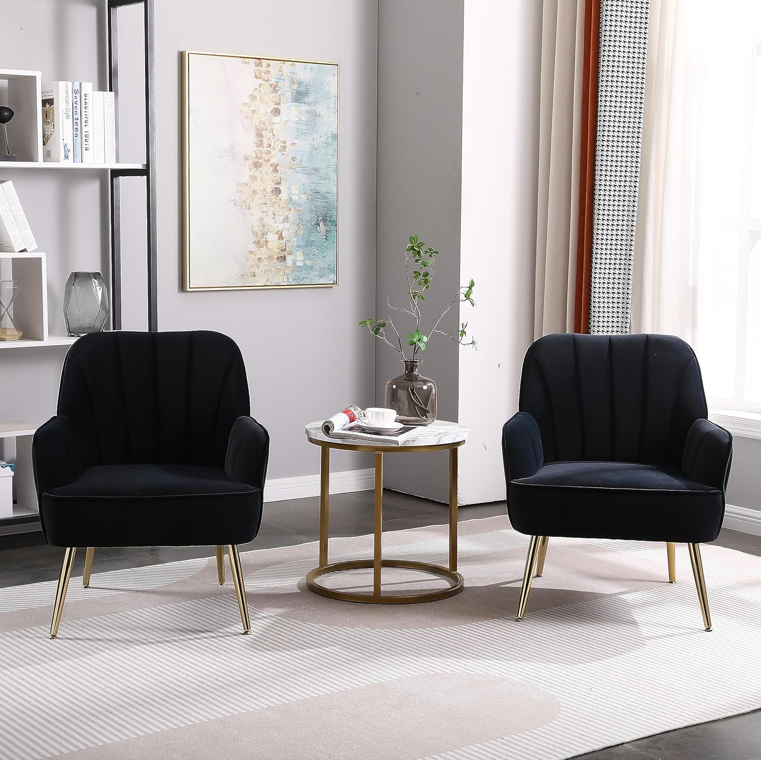 SSLine Silla decorativa de terciopelo, moderna silla tapizada con patas de metal dorado, acolchada gruesa, silla de invitados, silla de tocador,