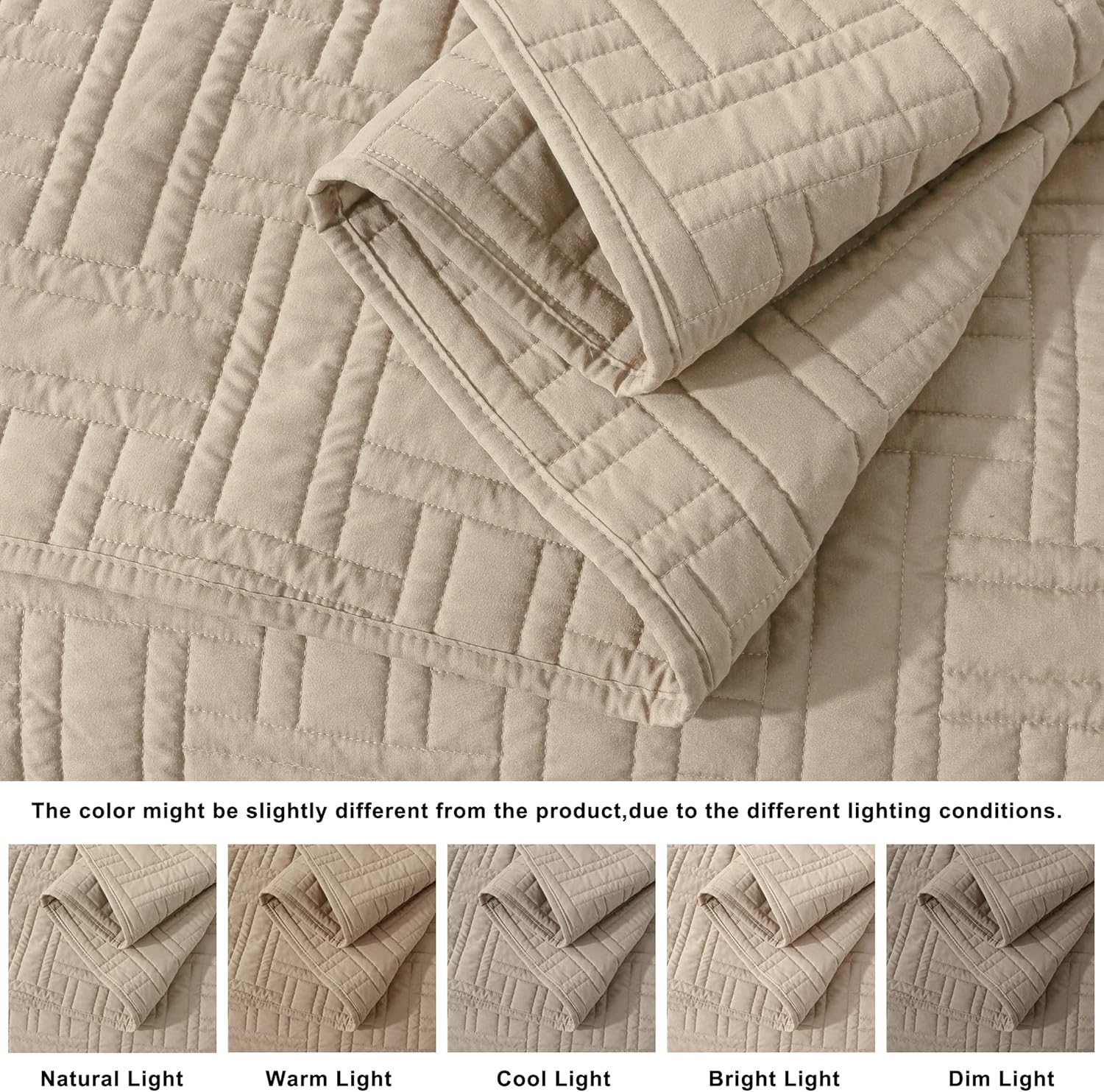 Juego de ropa de cama beige tamaño Queen con fundas de almohada, colcha ligera y suave, manta acolchada de tejido de canasta, funda de cama fina