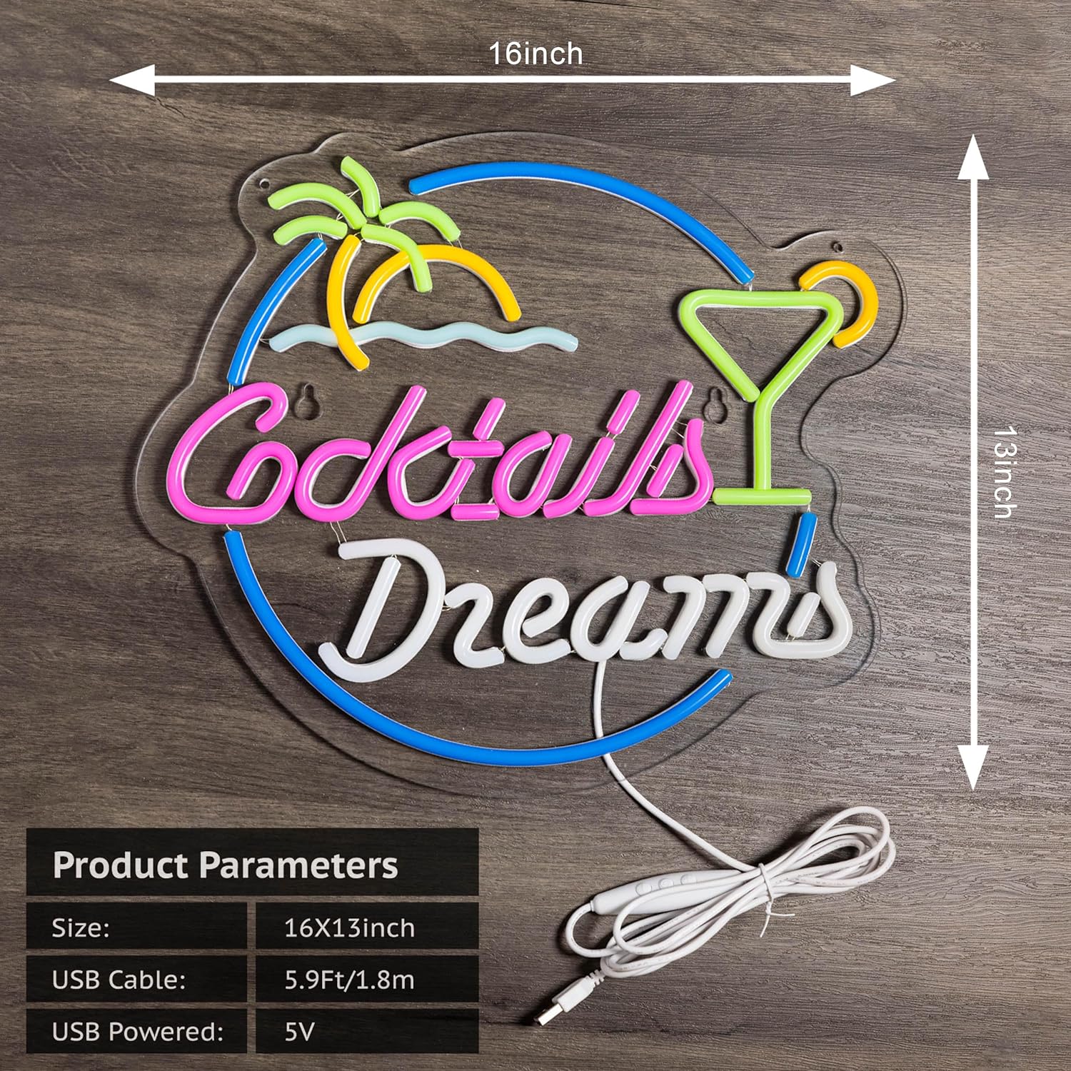 Letrero de neón con diseño de palmera de cocteles y sueños para decoración de pared, con interruptor regulable, letreros de neón LED para