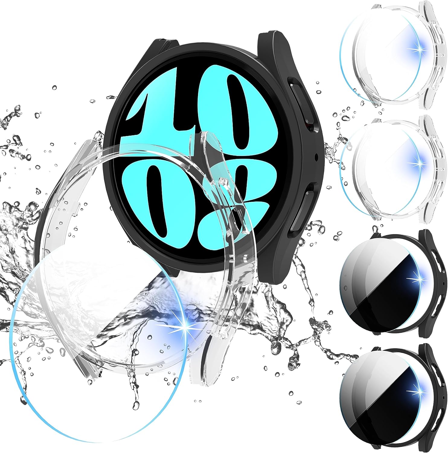 Suoman Paquete de 4 + 4 fundas para Samsung Galaxy Watch 6 de 1.732 pulgadas, protector de pantalla de privacidad + protector de pantalla HD +