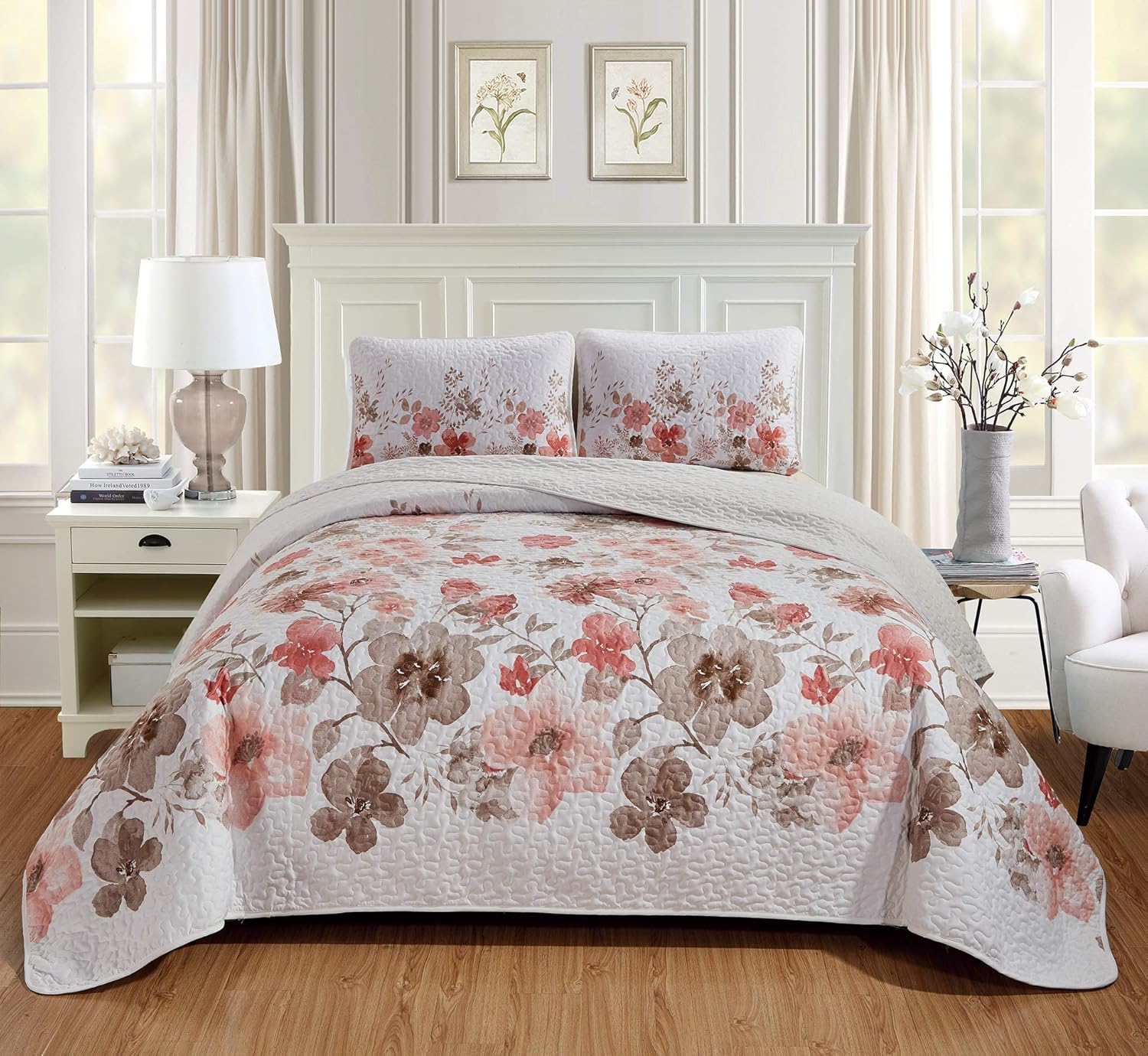 Luxury Home Collection – Juego de colcha reversible con estampado floral
