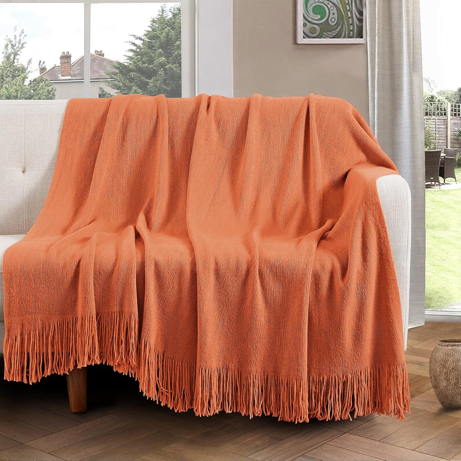Vonty Manta de punto naranja óxido con borlas y flecos, 50 x 60 pulgadas, manta de punto súper suave, manta ligera decorativa de granja para sofá,