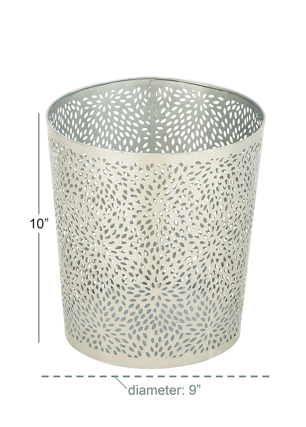 Deco 79 CosmoLiving by Cosmopolitan – Cubo de basura pequeño de metal con diseño floral tallado con láser, 9 x 9 x 10 pulgadas, color plateado
