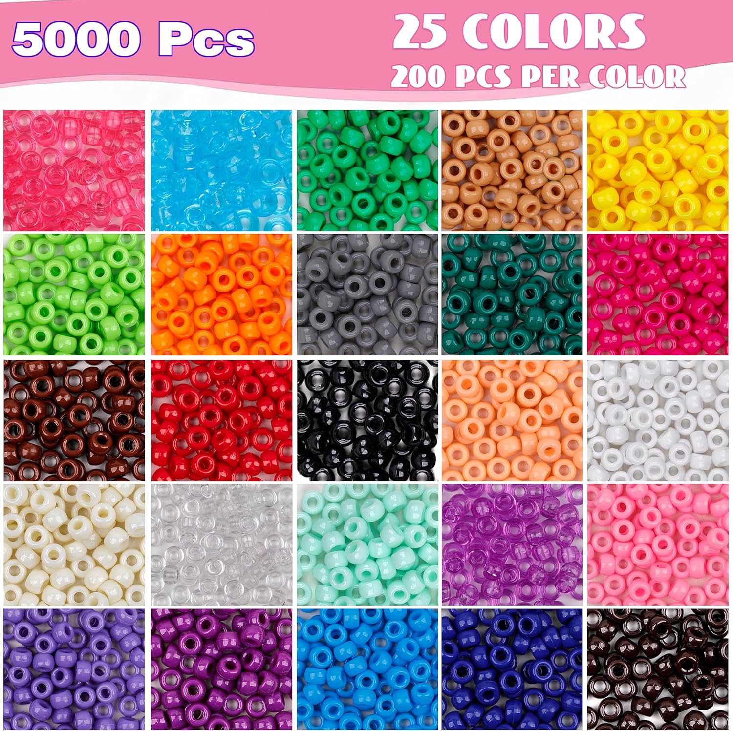 5000 cuentas de poni multicolor de plástico perforadas para manualidades, cuentas de pelo arcoíris a granel para pulseras, collares, suministros de
