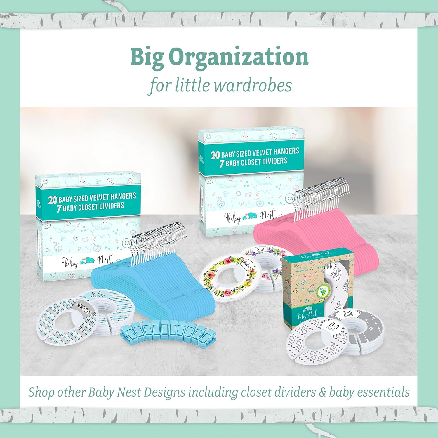 Baby Nest Designs 20 ganchos para bebé para armario con 7 divisores de armario de bebé para guardería, perchas de terciopelo para ropa de bebé,