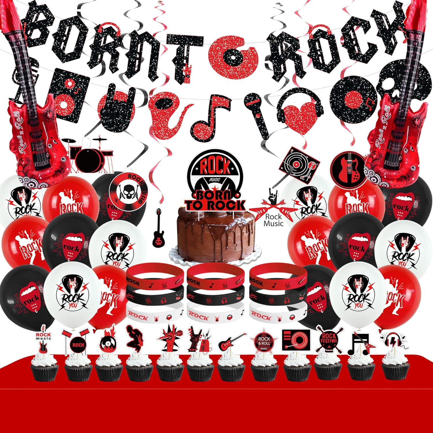 Decoraciones de fiesta de rock and roll, incluyendo pancarta de Born to Rock, remolinos colgantes, adornos para pasteles, globos, pulseras,
