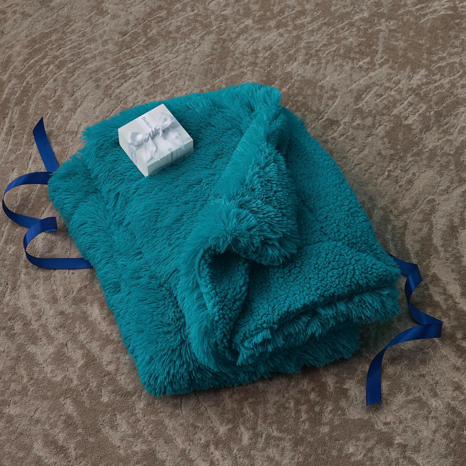 Bedsure – Manta de piel sintética tamaño individual, color verde azulado, peluda, esponjosa y lanuda, , sherpa suave y grueso, de teñido anudado,