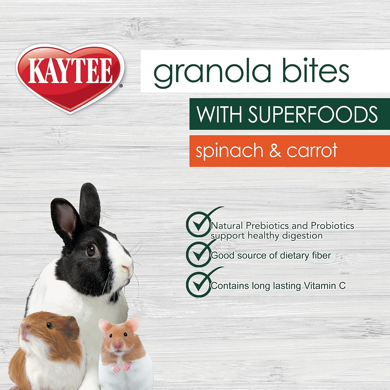 Kaytee Bocados de granola con superalimentos, espinacas y zanahorias para ratas, ratones, hámsters, jerbos, conejos, cobayas y chinchillas, 4.5 onzas