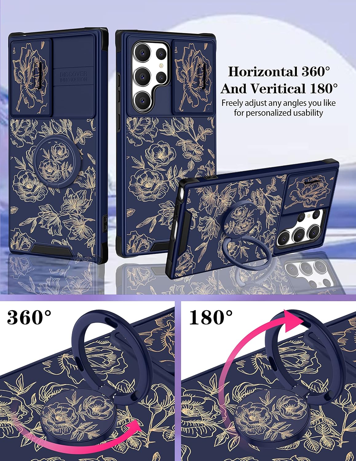 Goocrux Funda 2 en 1 para Samsung Galaxy S23 Ultra con flores florales para mujeres y niñas, diseño femenino de flores doradas con cubierta