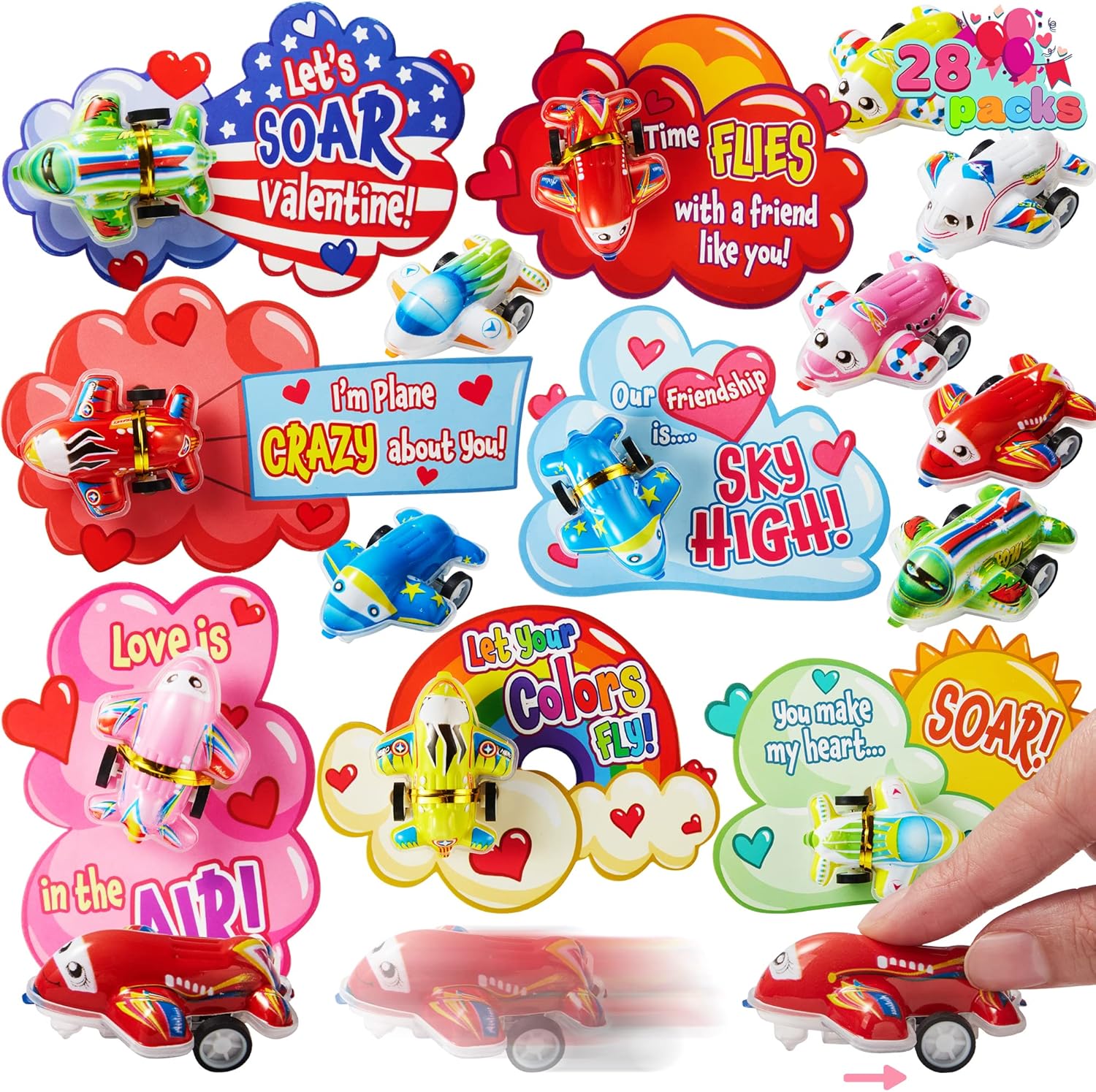 JOYIN Paquete de 28 tarjetas de regalo para el día de San Valentín con aviones de tracción trasera, kits de juguetes de mini avión con tarjetas de