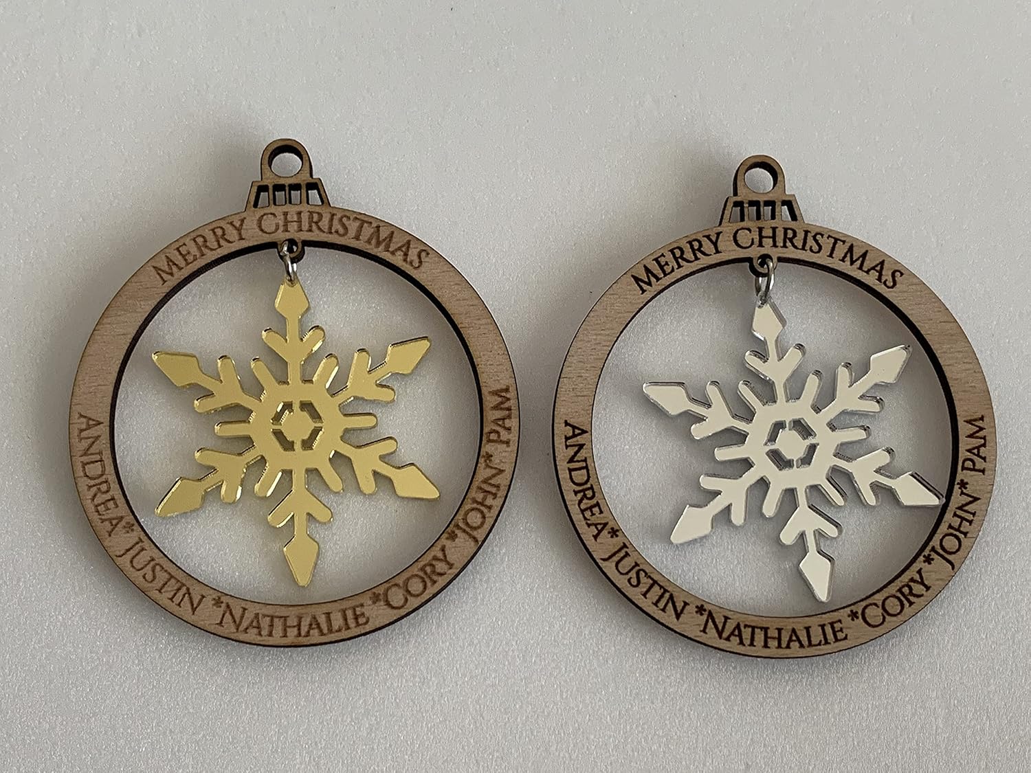 Personalized Christmas 2024 Tree Ornament, Custom Engraved Names, Family Members, Laser Cut Wood Bauble, Hanging Acrylic Snowflakes, Xmas Decor,