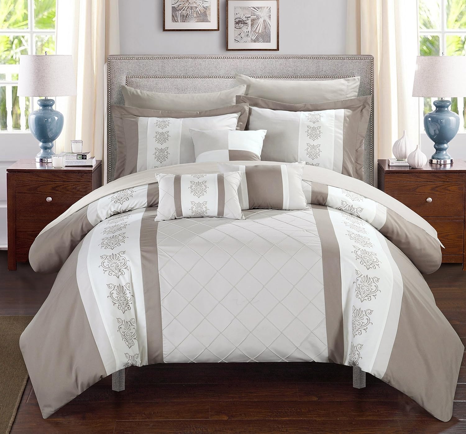 Juego de ropa de cama de 10 piezas Chic Home con edredón con cierre fruncido, para cama king, todo en una bolsa, Microfibra, Beige, gemelo