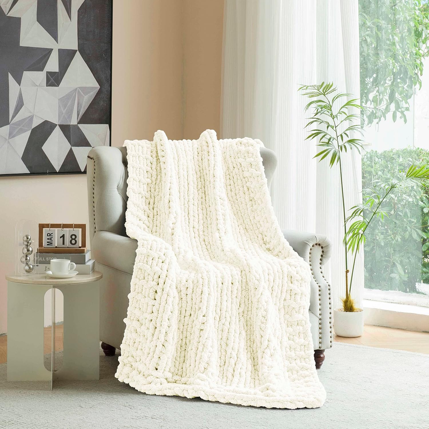 Clootess – Manta de felpilla de punto grueso, cálida, suave y acogedora para sillón y cama, decoración bohemia para el hogar (color marfil, 40 x