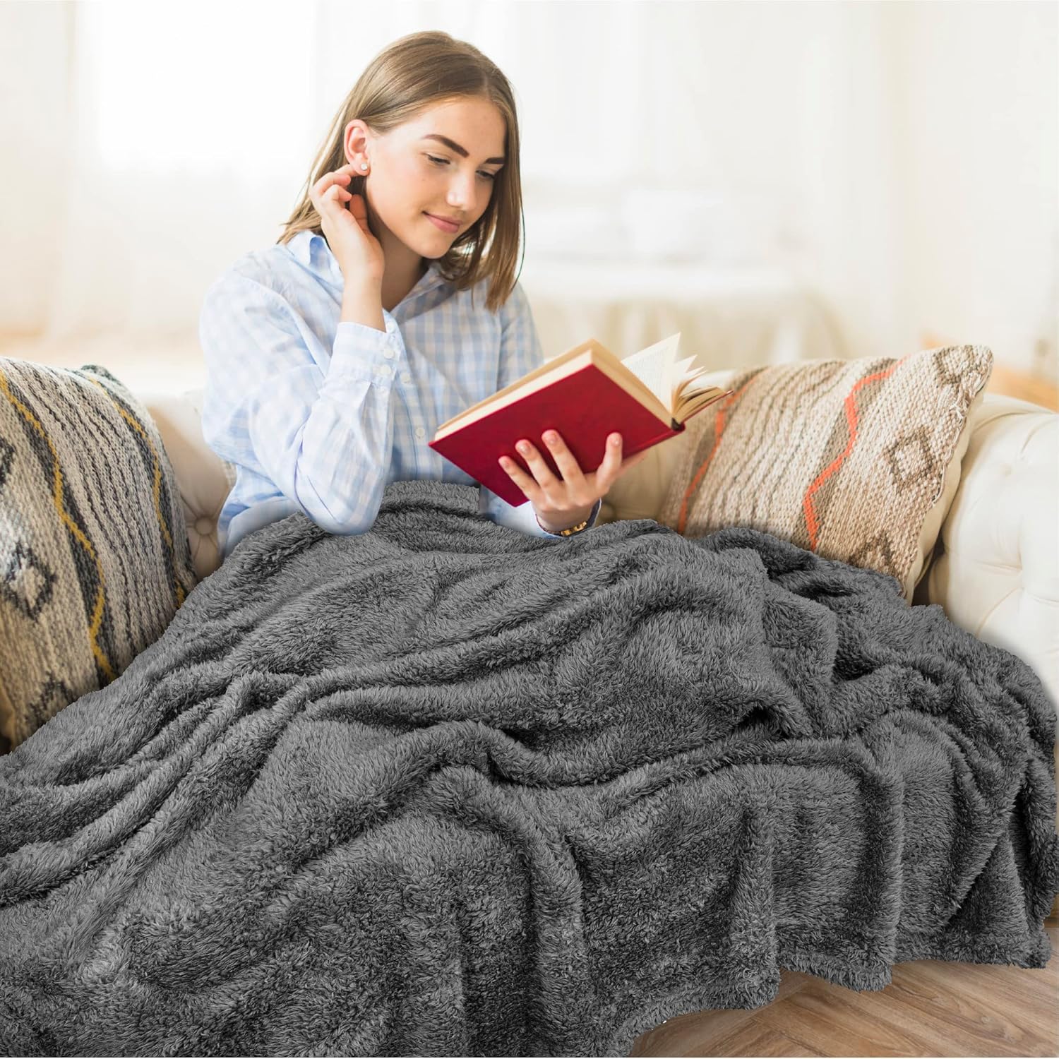 PAVILIA – Cobija de felpa sherpa y microfibra, muy suave y acogedora, con diseño de color degradado, decorativa