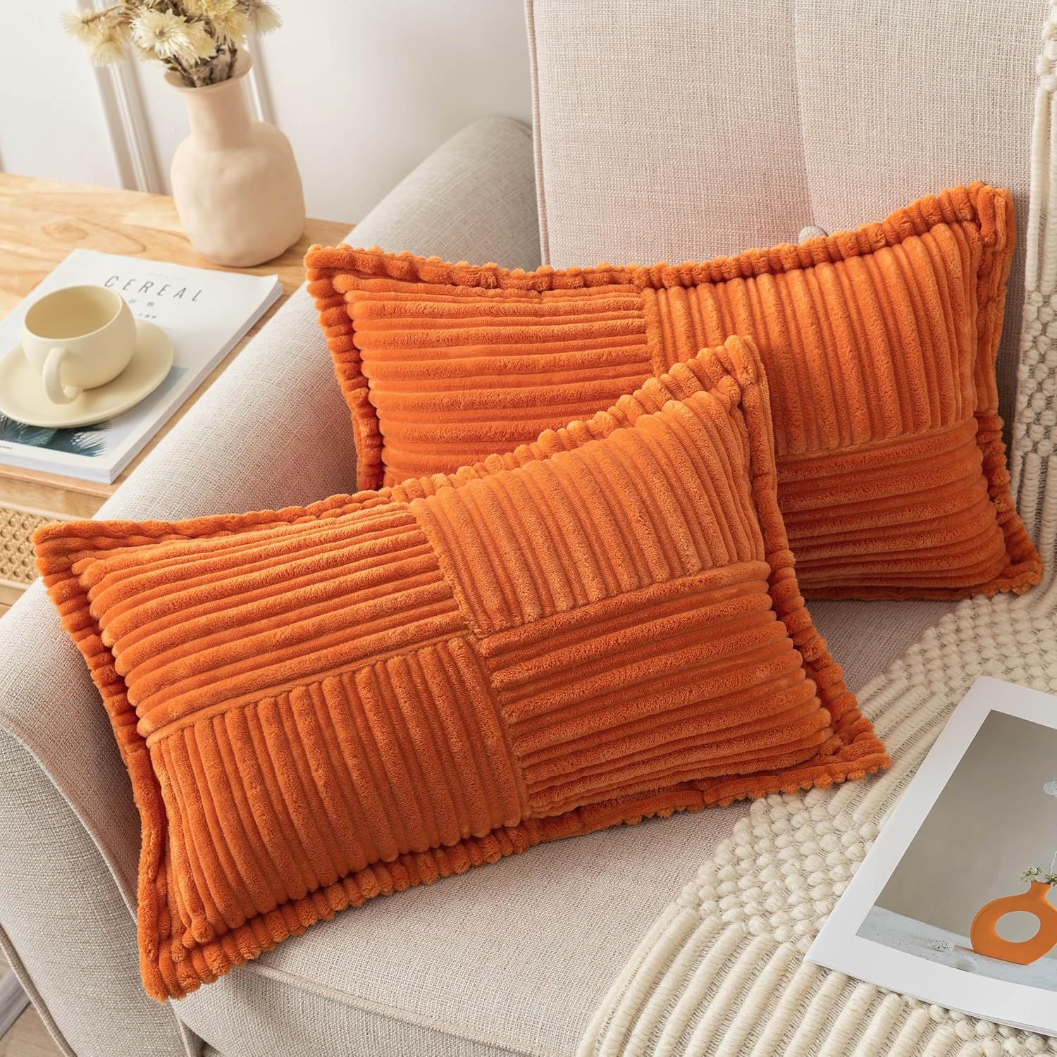 UGASA – Juego de 2 fundas de almohada de pana súper suave con textura de rayas para otoño, fundas de cojín decorativas con costado ancho para casa