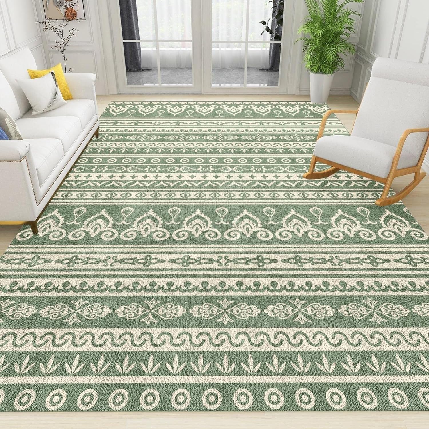 Alfombra verde bohemia, alfombra tribal con estampado de rayas de damasco salvia, alfombra antideslizante para interiores, lavable a máquina,