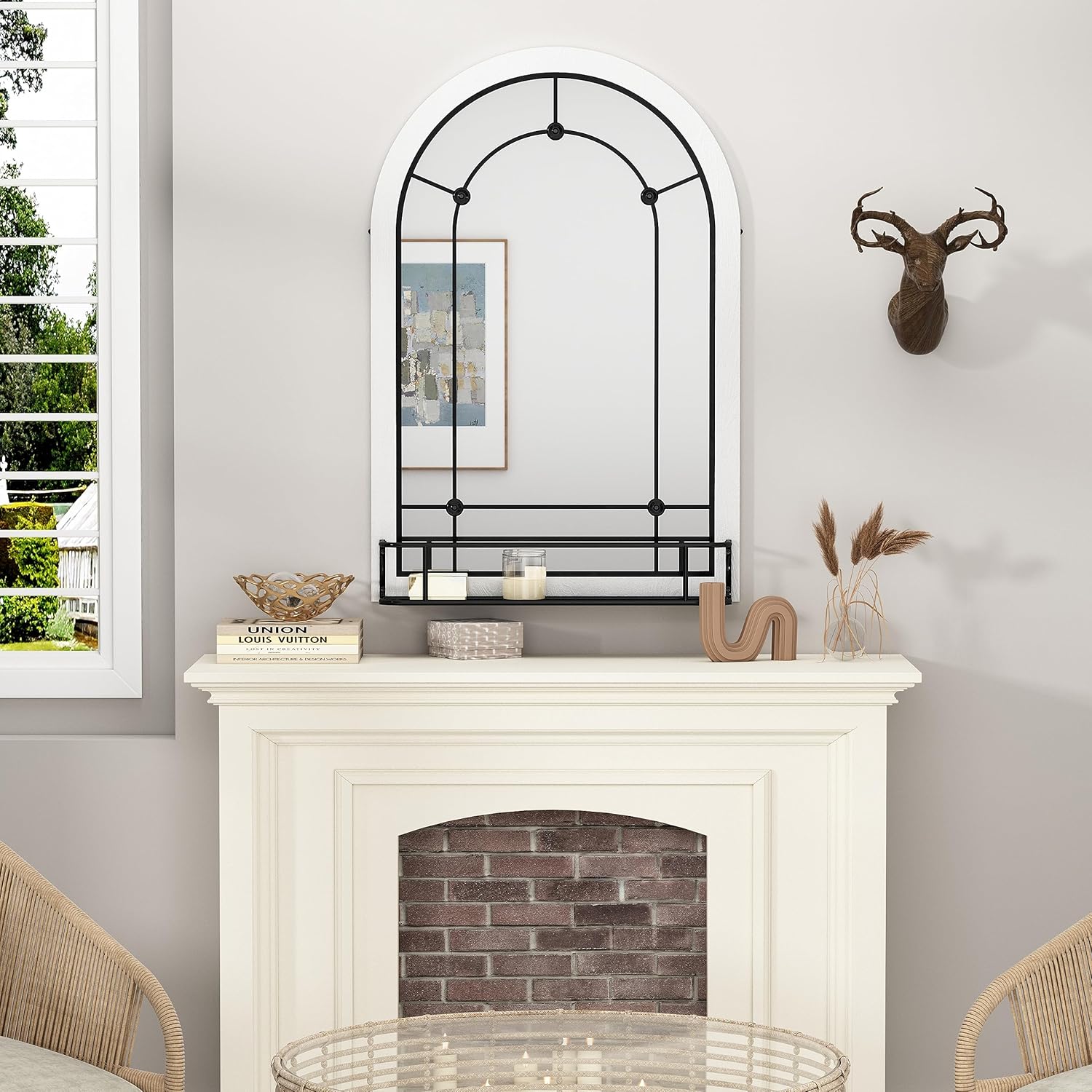 AZODY Espejo de pared de ventana arqueada con estante, espejo de entrada colgante blanco de 36 x 24 pulgadas, espejos decorativos para decoración de