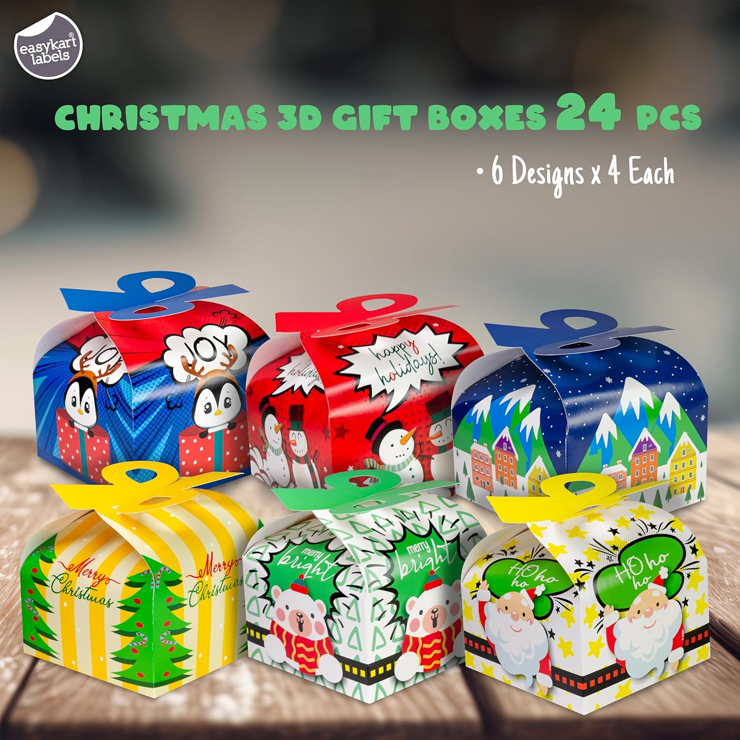 easykart labels 24 cajas de regalo de Navidad con lazo, cajas de Navidad 3D, cajas de regalo de cartón de Papá Noel para niños, suministros de