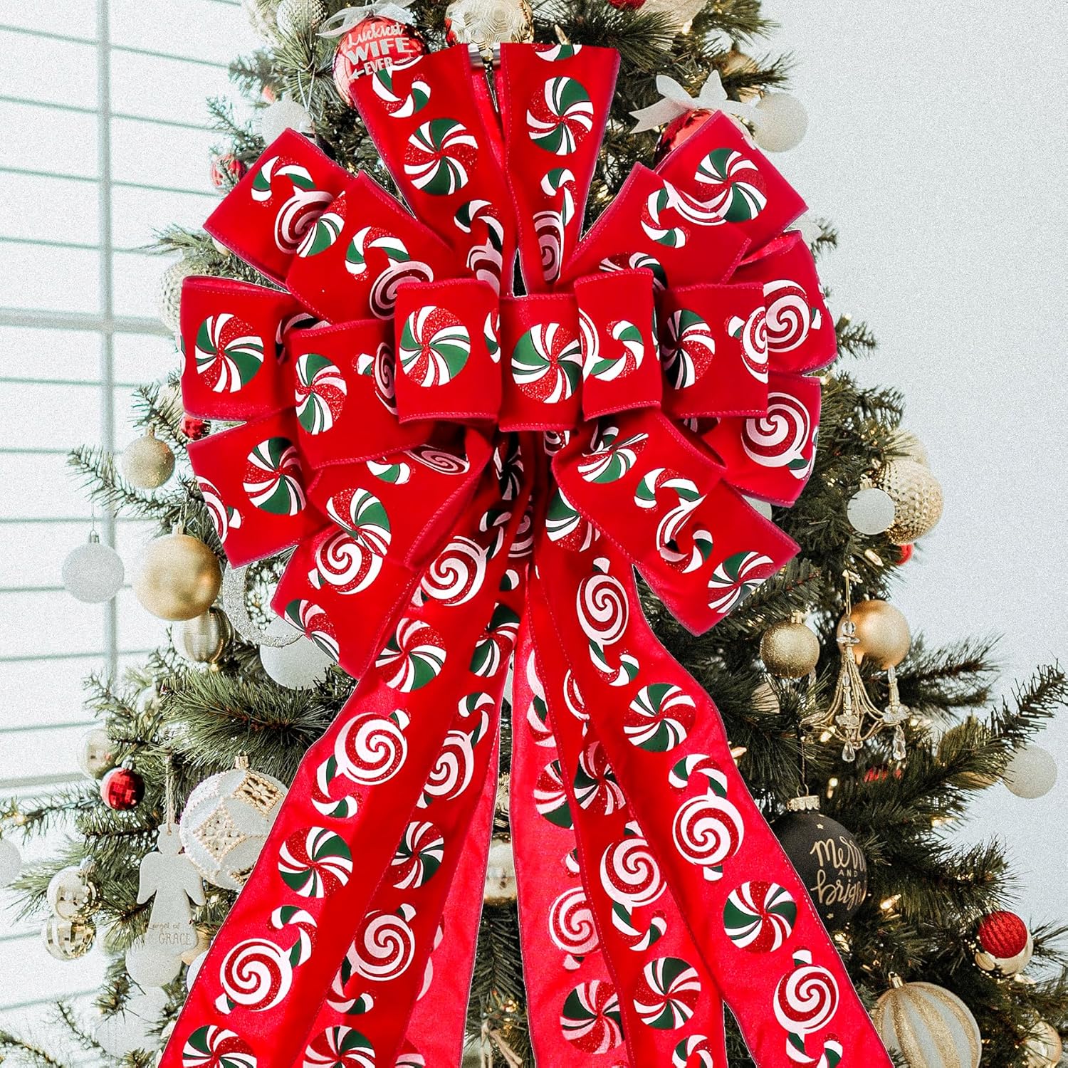 Decoración para árbol de Navidad, lazo de corona de Navidad de 45 x 12 pulgadas, lazo rojo grande con caramelo estampado para árbol de Navidad,