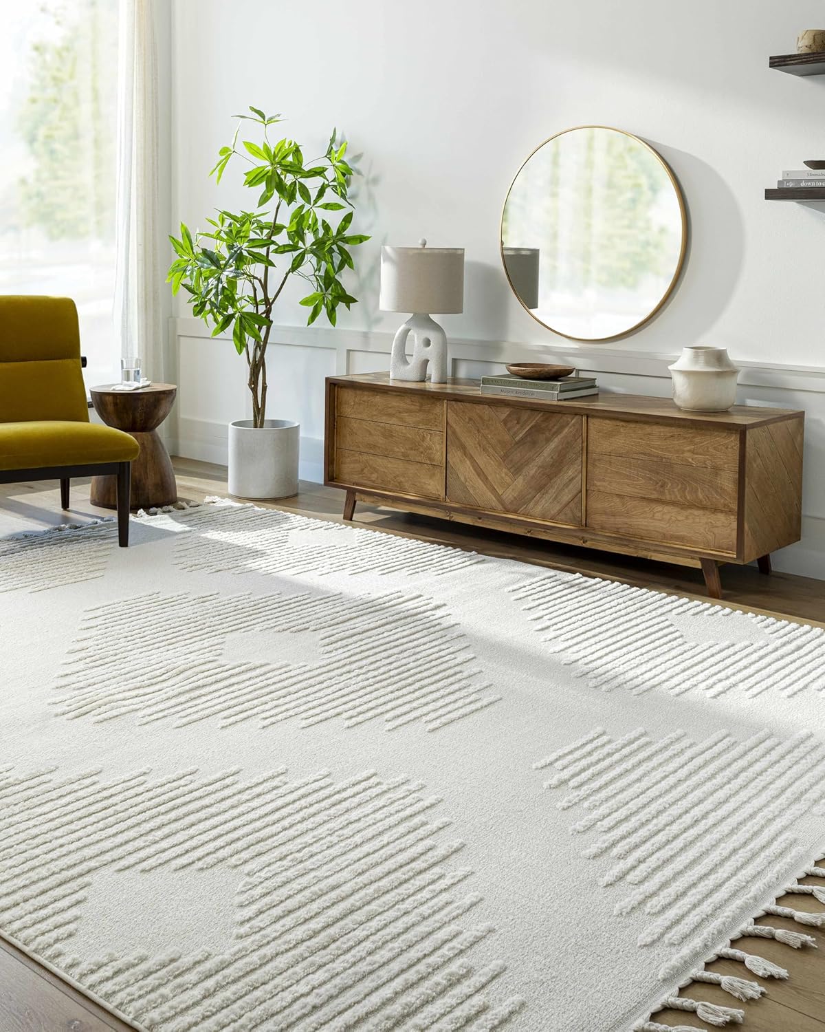 Hauteloom Noah Palimbang – Alfombra suave de pelo largo neutro para sala de estar, dormitorio, pelo de felpa alta y baja, estilo bohemio de granja,