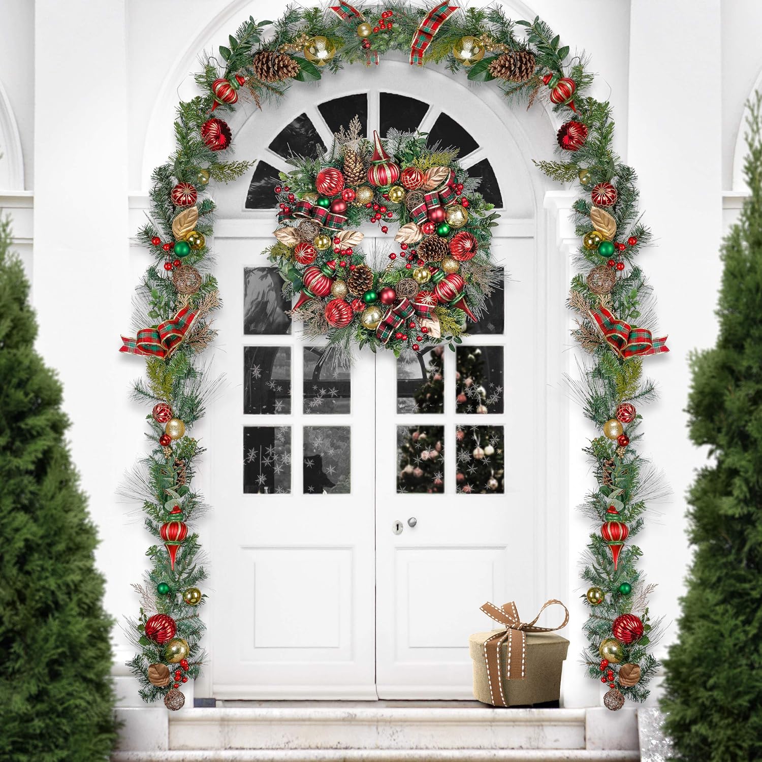 Valery Madelyn Corona de Navidad preiluminada para puerta delantera con luces, corona de Navidad grande de 30 pulgadas con cinta de bola de Navidad