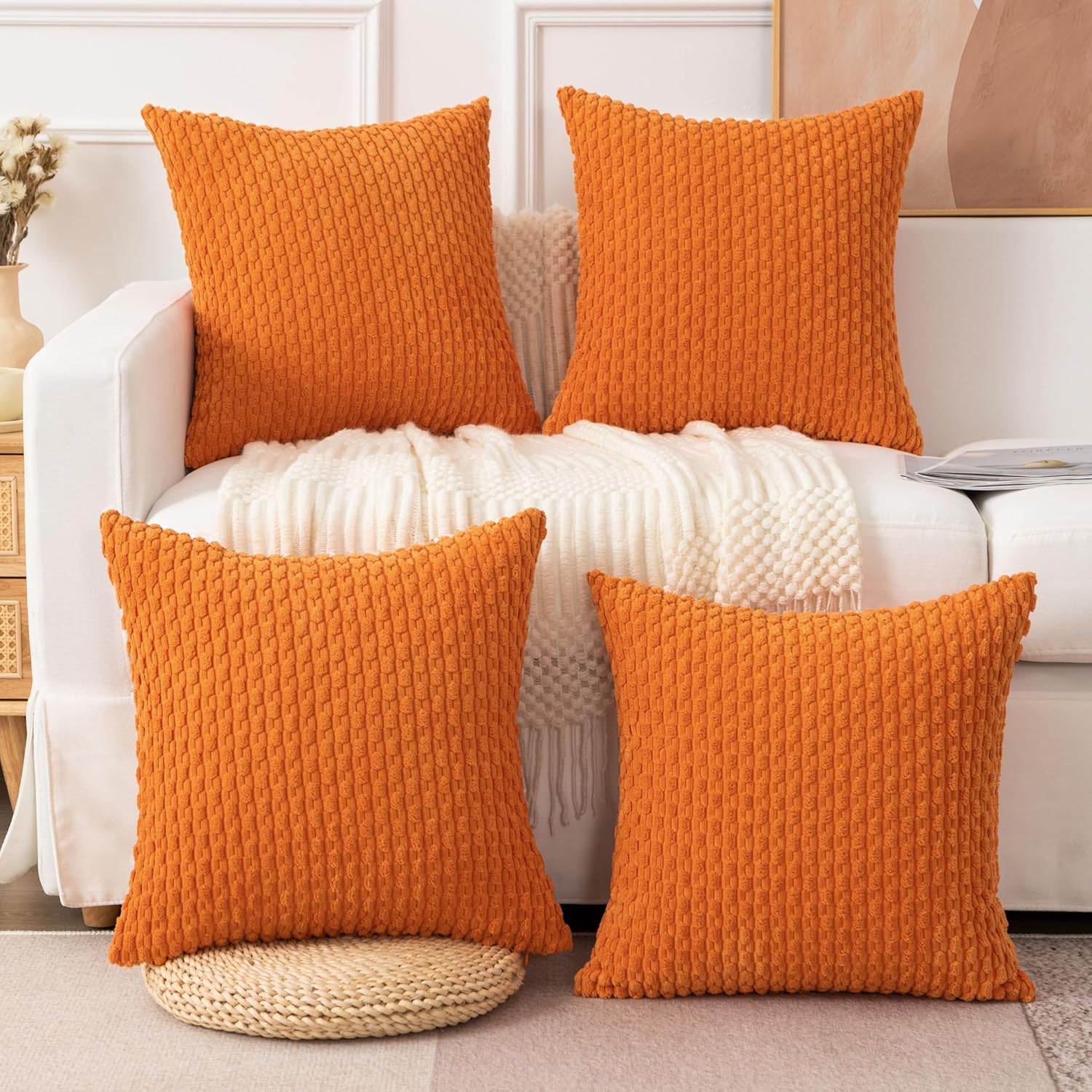 UGASA – Funda de almohada decorativa de pana suave para otoño, 24 x 24 pulgadas, estilo bohemio, a rayas, decoración moderna para el hogar, sofá,