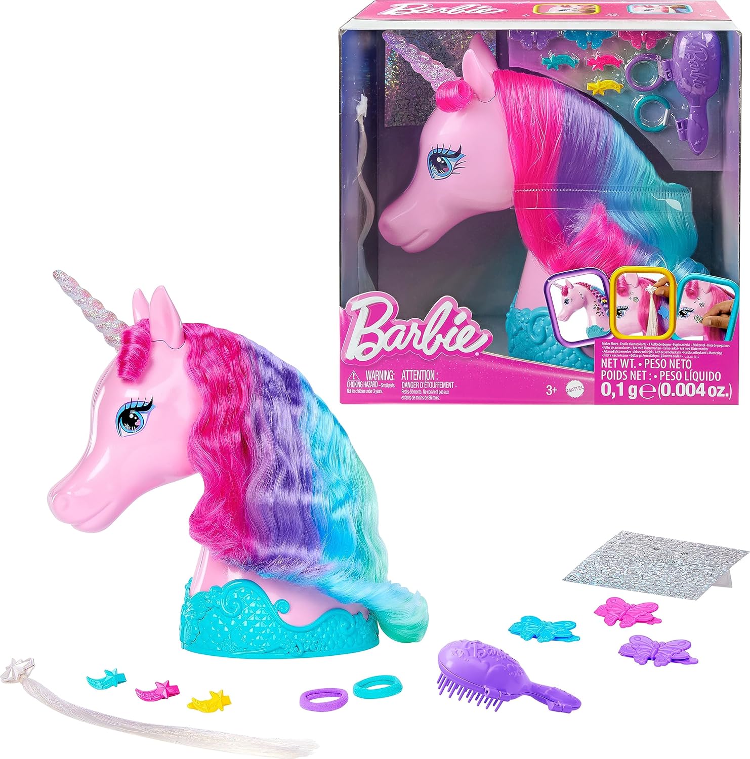 Barbie Juguetes de unicornio, cabeza de peinado con melena colorida de pelo de fantasía, accesorios de peinado y calcomanías brillantes
