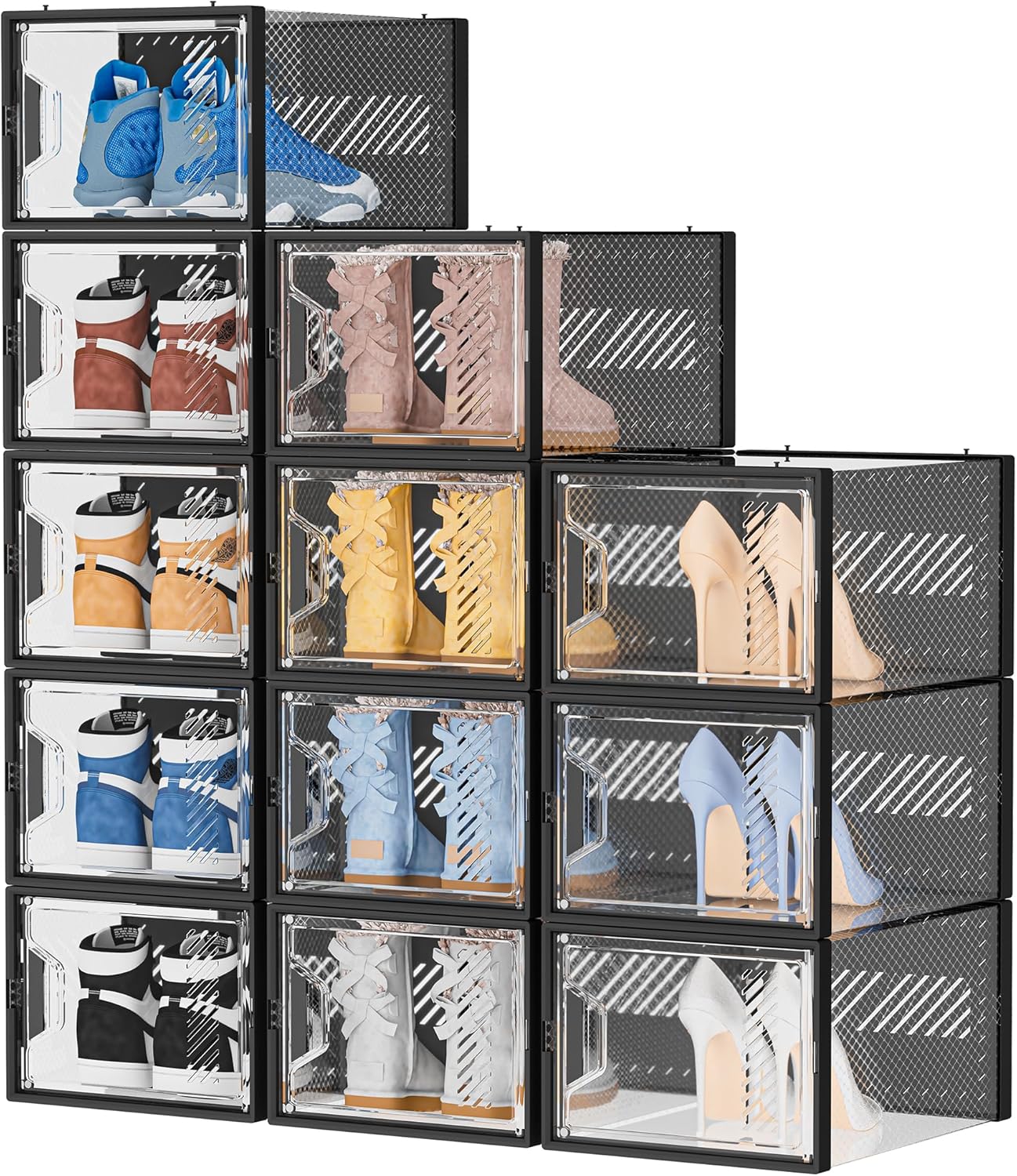 Almacenamiento de zapatos, paquete de 12 organizadores de zapatos grandes para armario, cajas de zapatos apilables de plástico transparente para