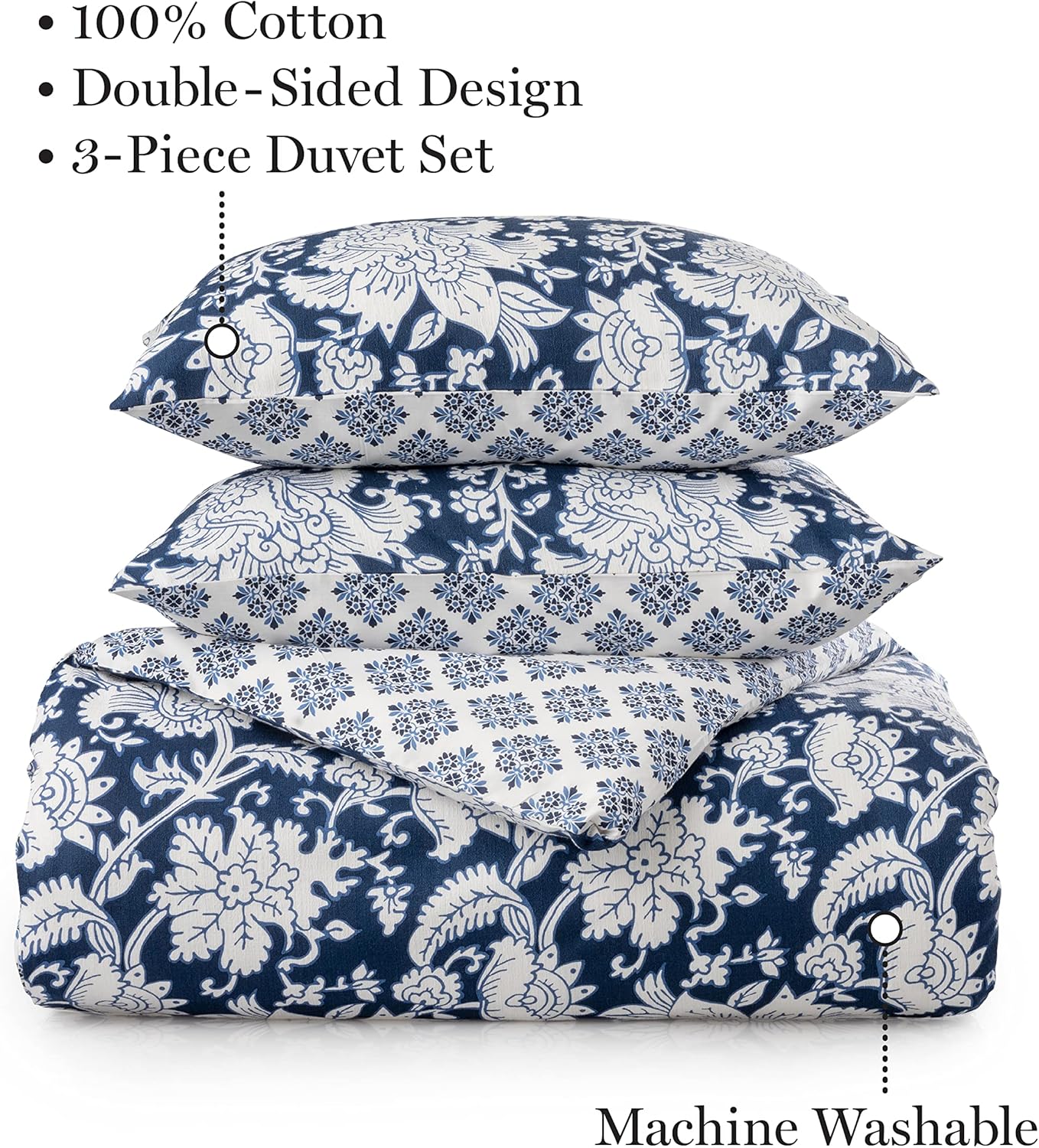 MARTHA STEWART Kyra – Juego de funda de edredón tamaño Queen, 3 piezas, 1 funda de edredón, 2 fundas de almohada, algodón percal, suave, reversible,