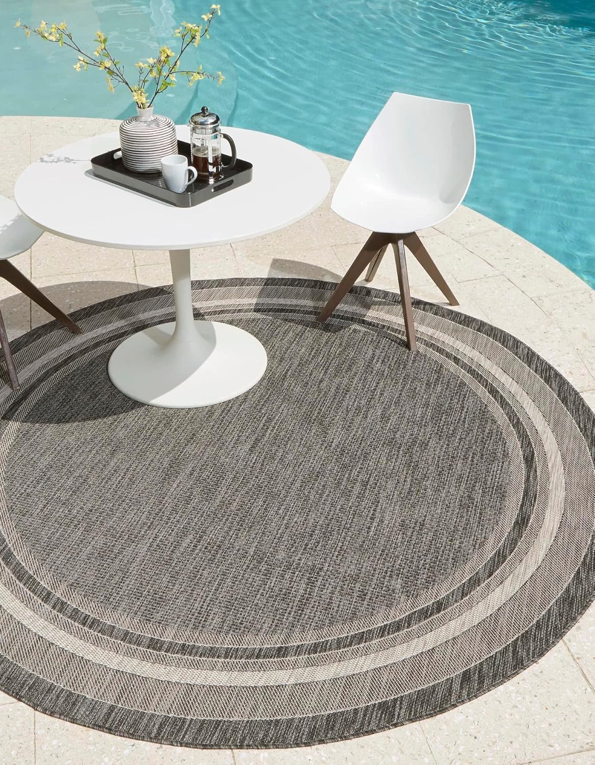 Unique Loom – Colección Outdoor Border – Tapete para exteriores de borde suave – 4pies 1pulgada, redondo, negromarfil