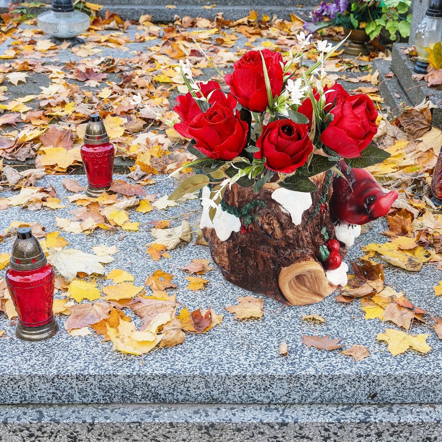 bocola Decoraciones de cementerio para tumba, jarrón de resina con rosa artificial roja de seda para decoración de tumbas, estaca de jardín