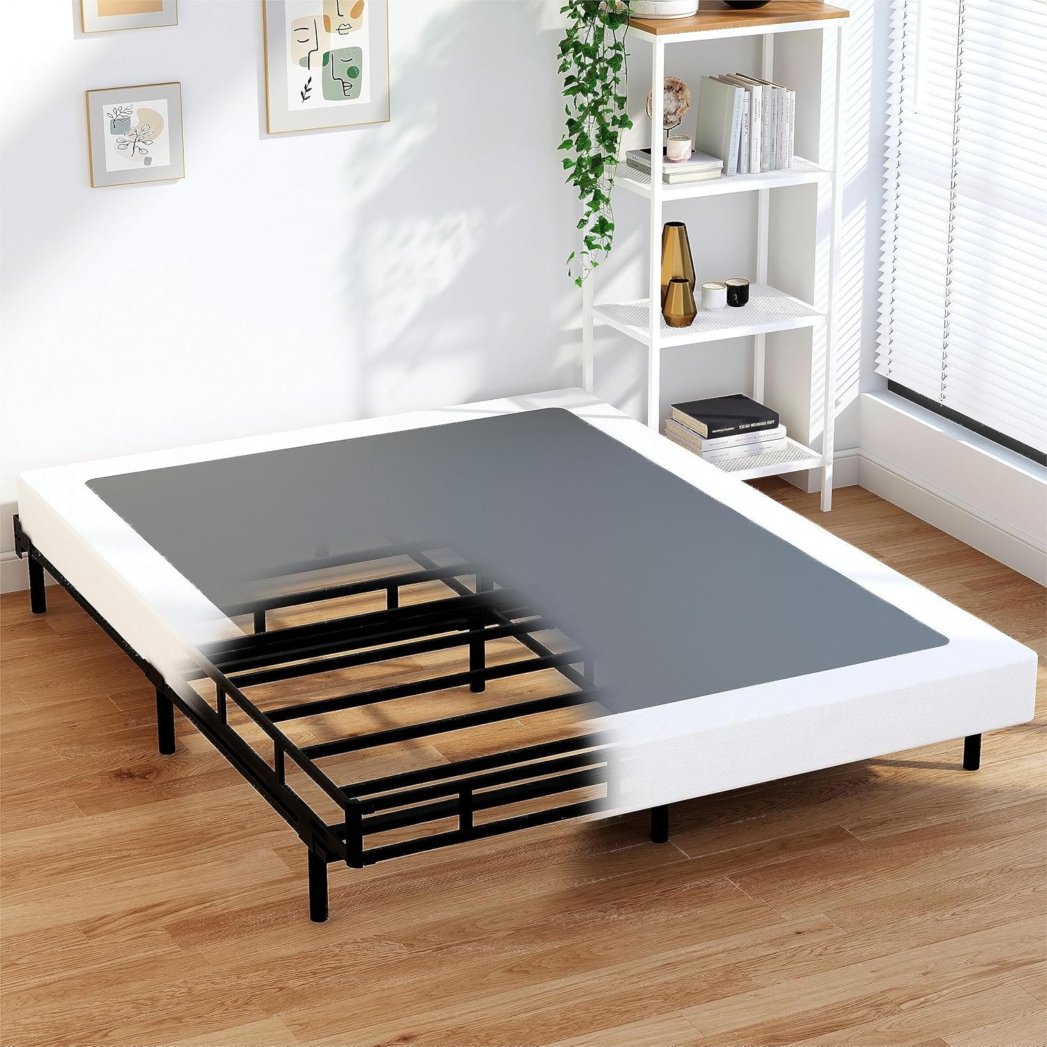 EMODA Base de cama tamaño matrimonial de 5 pulgadas, base de colchón de metal resistente de 3000 libras con funda de tela, fácil montaje, color negro