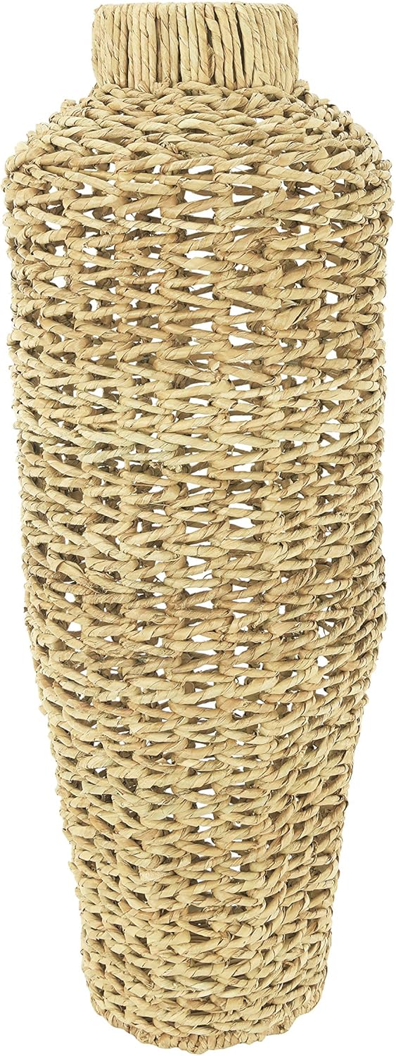 Creative Co-Op Jarrón de piso de ratán y jacinto de agua tejido a mano de 30 pulgadas de alto, beige