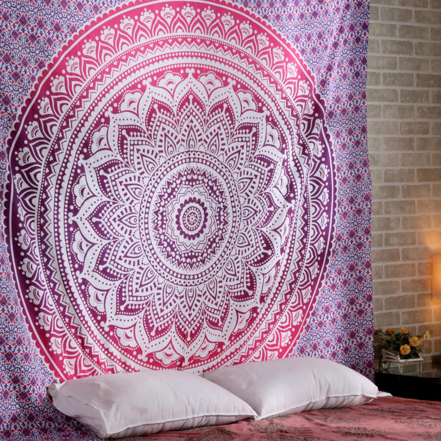 RAJRANG BRINGING RAJASTHAN TO YOU Tapiz rosa hippie con mandala, arte bohemio, decoración de pared, decoración de pared estilo bohemio trippy,