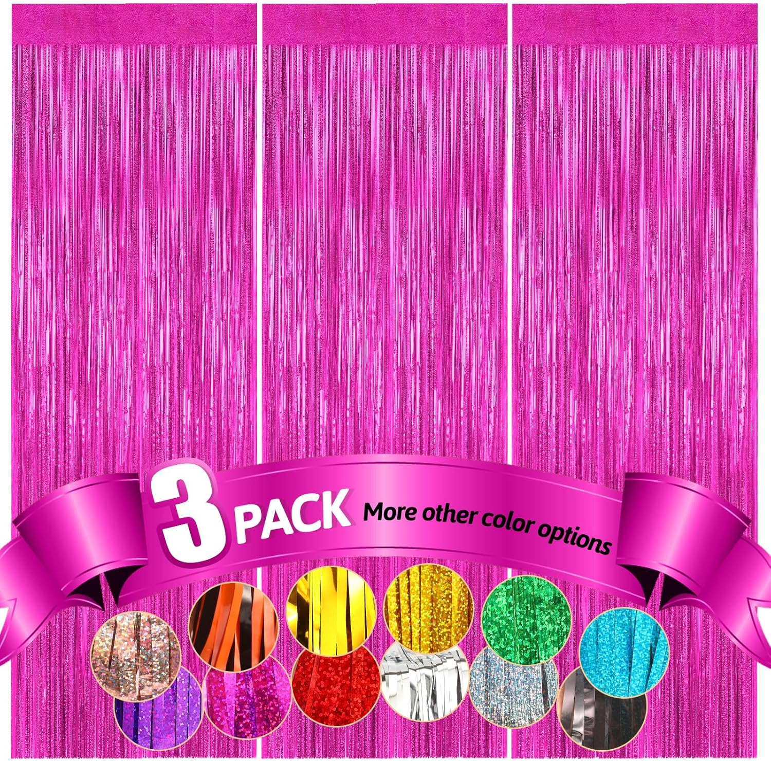 Fannev – Cortina de flecos de papel de aluminio de oropel de color rojo rosa, 3.3 x 8.2 pies, paquete de 3 cortinas metálicas con purpurina para