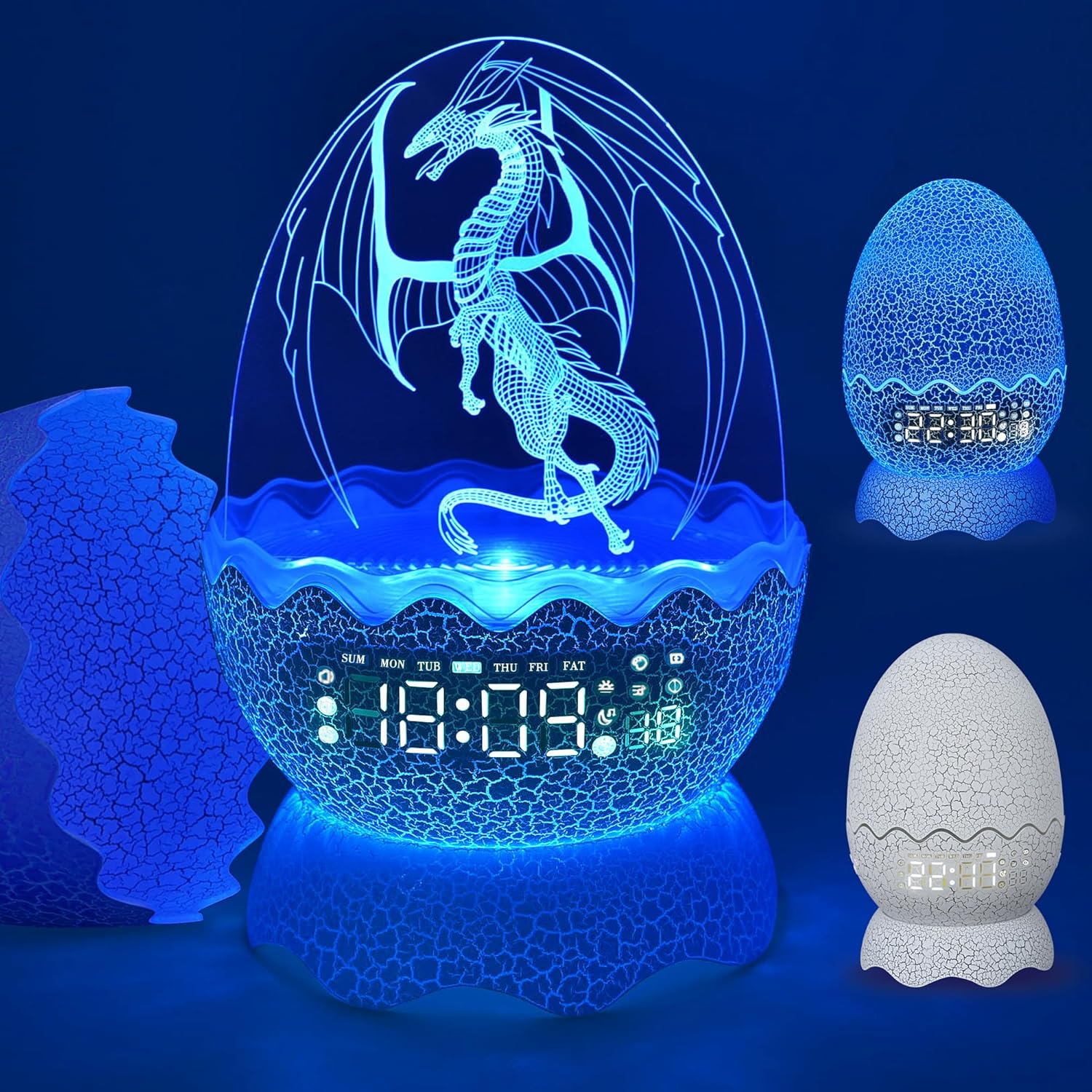 Unique Dragon Egg Alarm ClockNight LightLullaby White NoiseBluetooth Speaker 4-in-1, Remote Control 16 Colors & Brightness & Volume, for KidsAdult