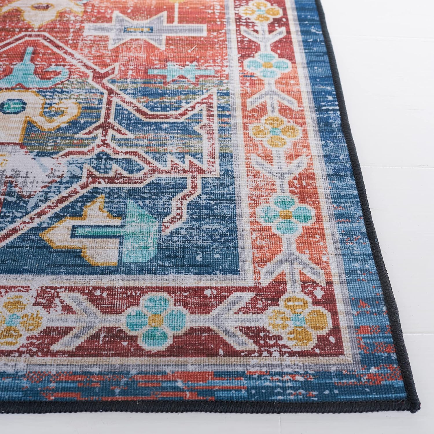 SAFAVIEH Tucson Collection – Alfombra de pasillo de 2 pies 6 pulgadas x 12 pies, color azul y óxido, diseño de medallón persa, lavable a máquina,