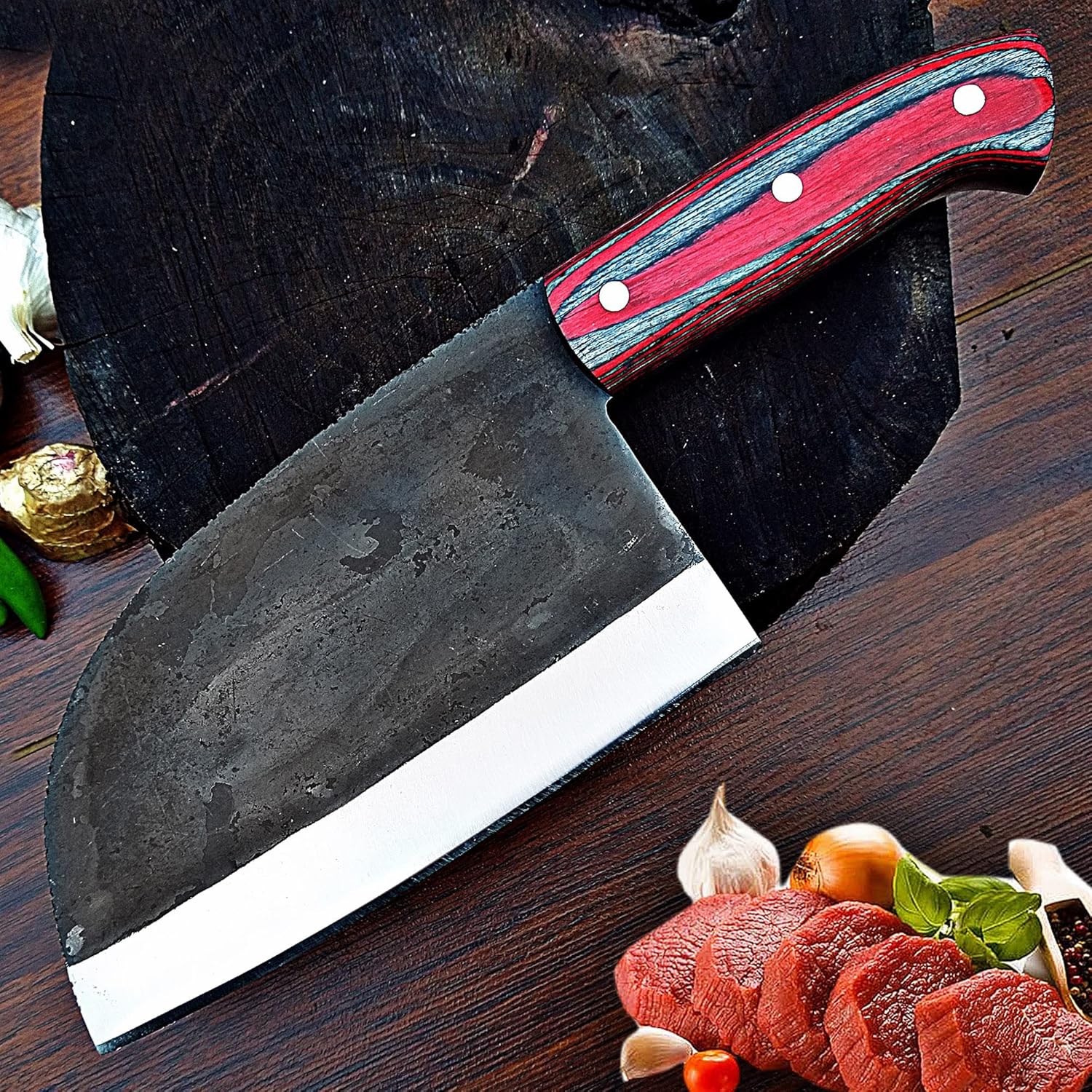 ColdLand – Cuchillo de carnicero de alto carbono, cuchillo de carnicero forjado a mano, cuchillo de cortar verduras con funda de cuero para cocina,